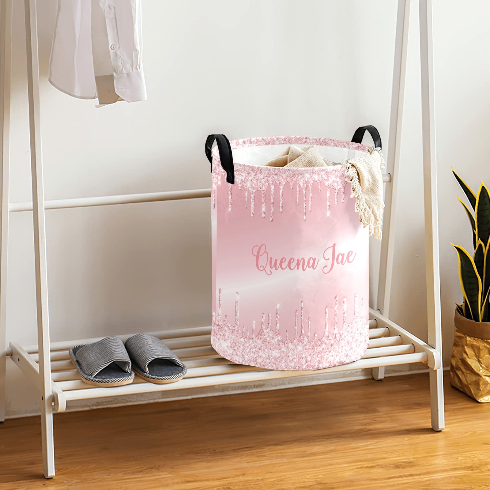 Blush Rose Pink Dripping Glitter Storage Bin - Waterproof Oxford Fabric Laundry Hamper & Organizer for Clothes, Toys, Gifts | Perfect for Bedroom, Nursery & Home Organization