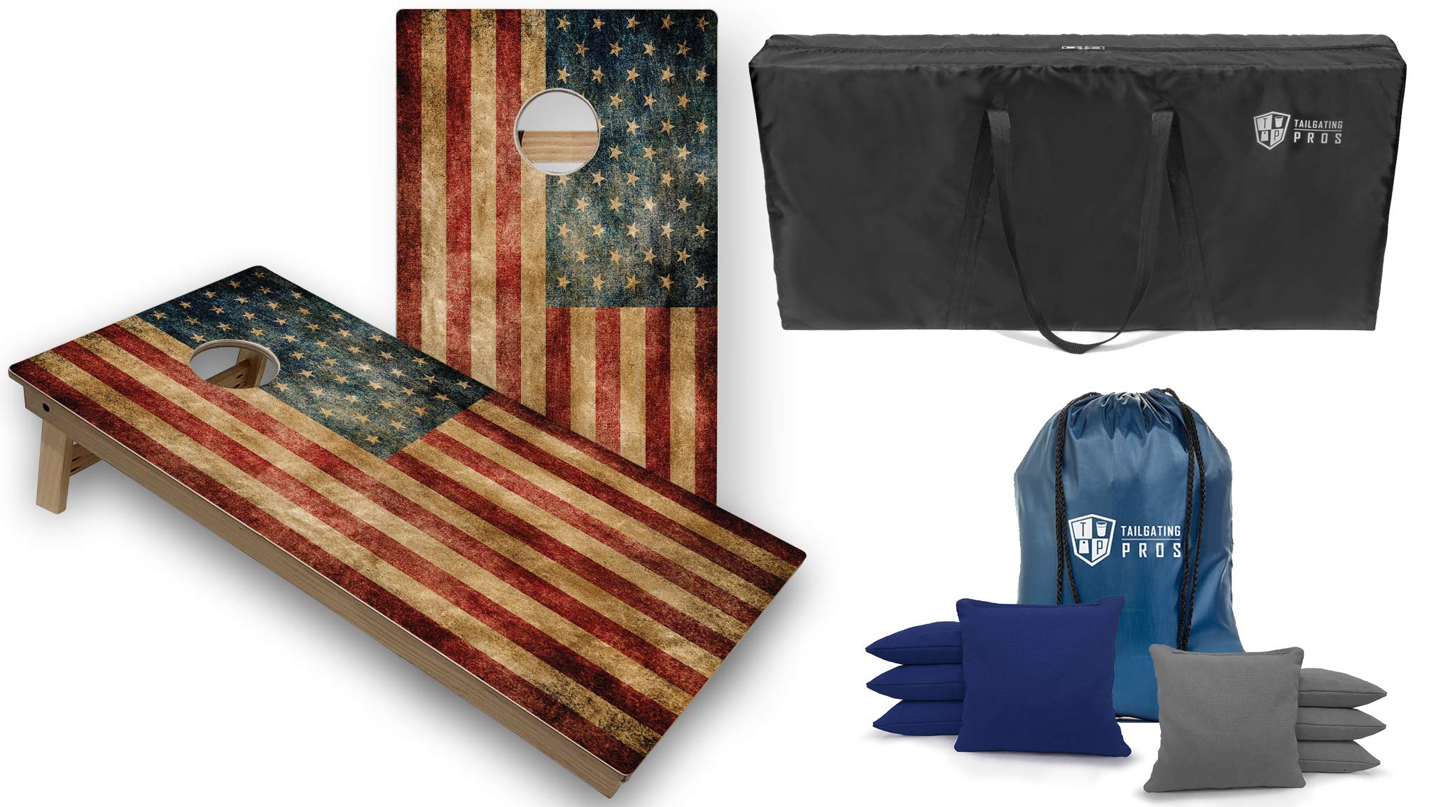Tournament Grade Cornhole Game Set - 2 Professional 4'x2' Distressed Flag Cornhole Boards, Carrying Case & 8 Bags (LED Lights Optional) - Perfect for Backyard Parties, Tailgating & Outdoor Events