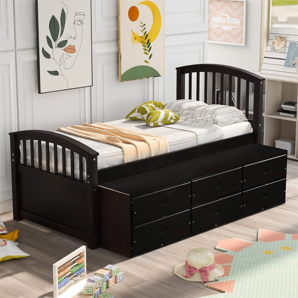 Twin Size Solid Wood Platform Bed Frame with 6 Storage Drawers, Headboard & Footboard - Heavy Duty Daybed Captain’s Bed for Boys & Girls - No Box Spring Needed with Wood Slats Support - Espresso Finish - Perfect for Small Bedrooms, Dorm Rooms & Guest Rooms