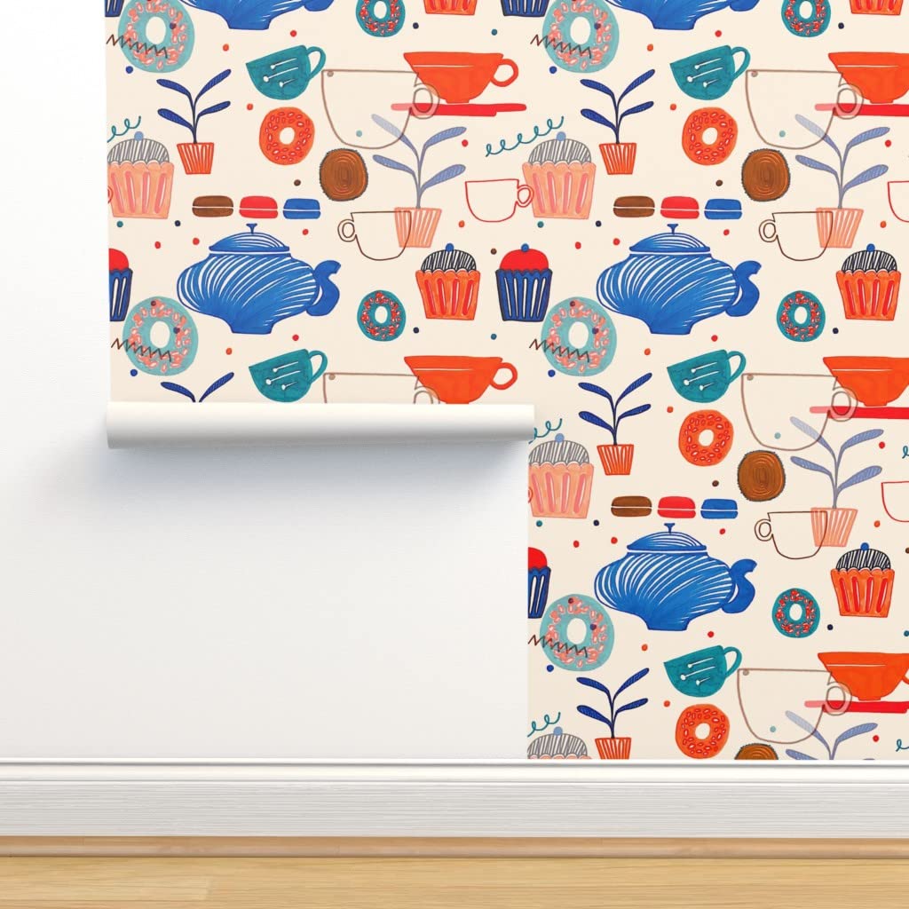 Removable Wallpaper 12ft x 2ft - Coffee Teapots Cupcakes Design, Peel and Stick Wallpaper for Kitchen, Bedroom, Nursery Decor | Easy to Apply & Remove