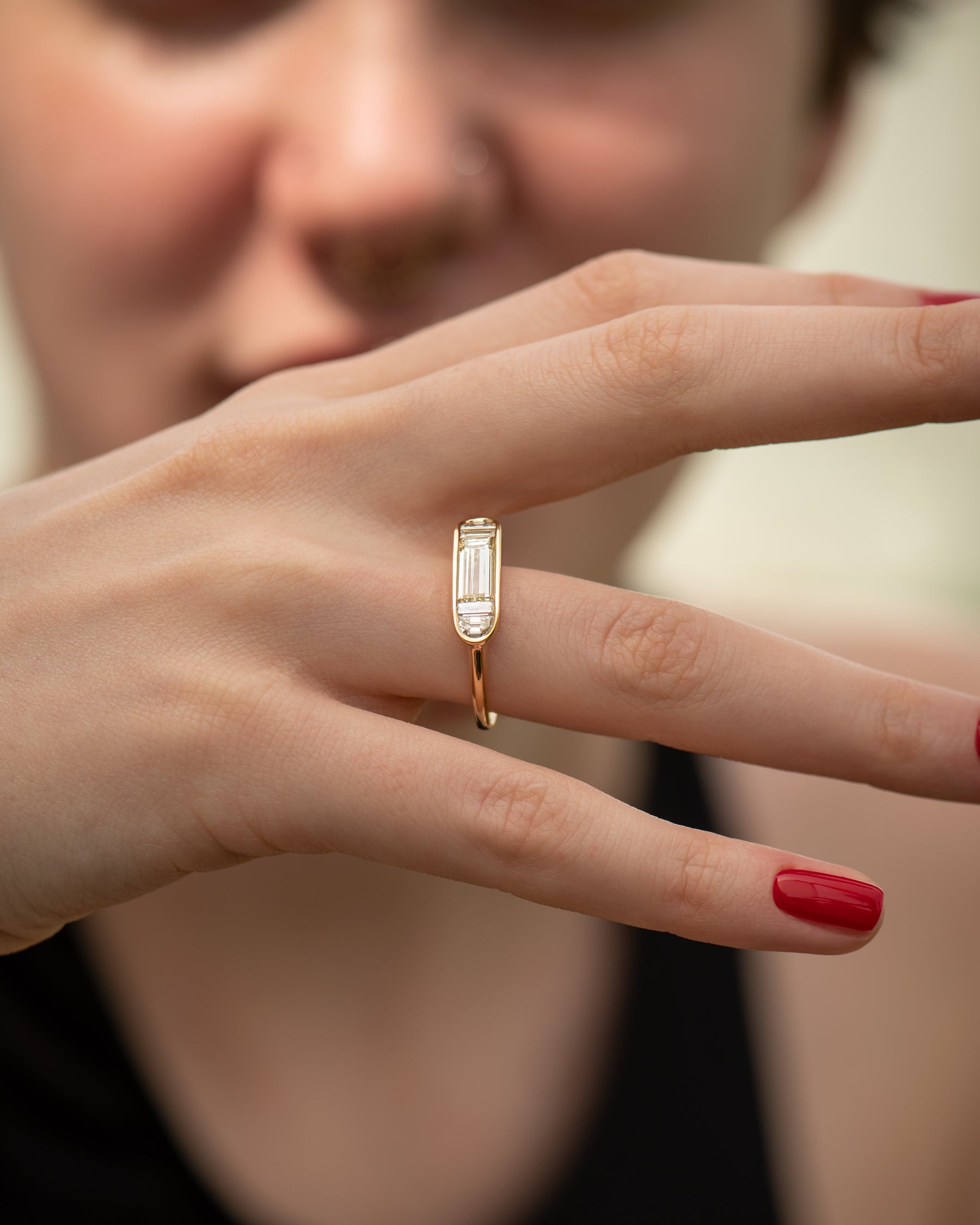 Exquisite Framed Horizontal Engagement Ring with Half Moon & Baguette Diamonds - Perfect for Proposals, Anniversaries & Special Occasions