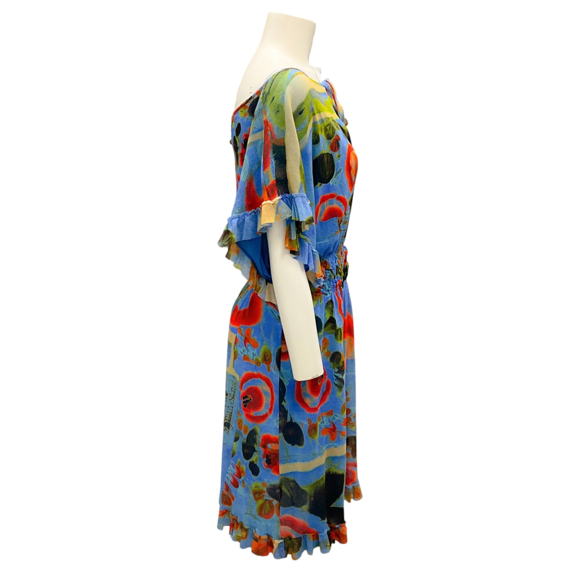 Jean Paul Gaultier Soleil Blue & Orange Multi Ruffled Mesh Dress - Elegant Summer Party & Cocktail Attire for Women
