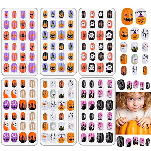 144 Pcs Black Halloween Press On Nails for Kids - 6 Packs Short Fake Nails with Pumpkin & Spider Designs | Easy Stick On Nail Art for Girls | Perfect for Halloween Costumes, Parties & Nail Decoration