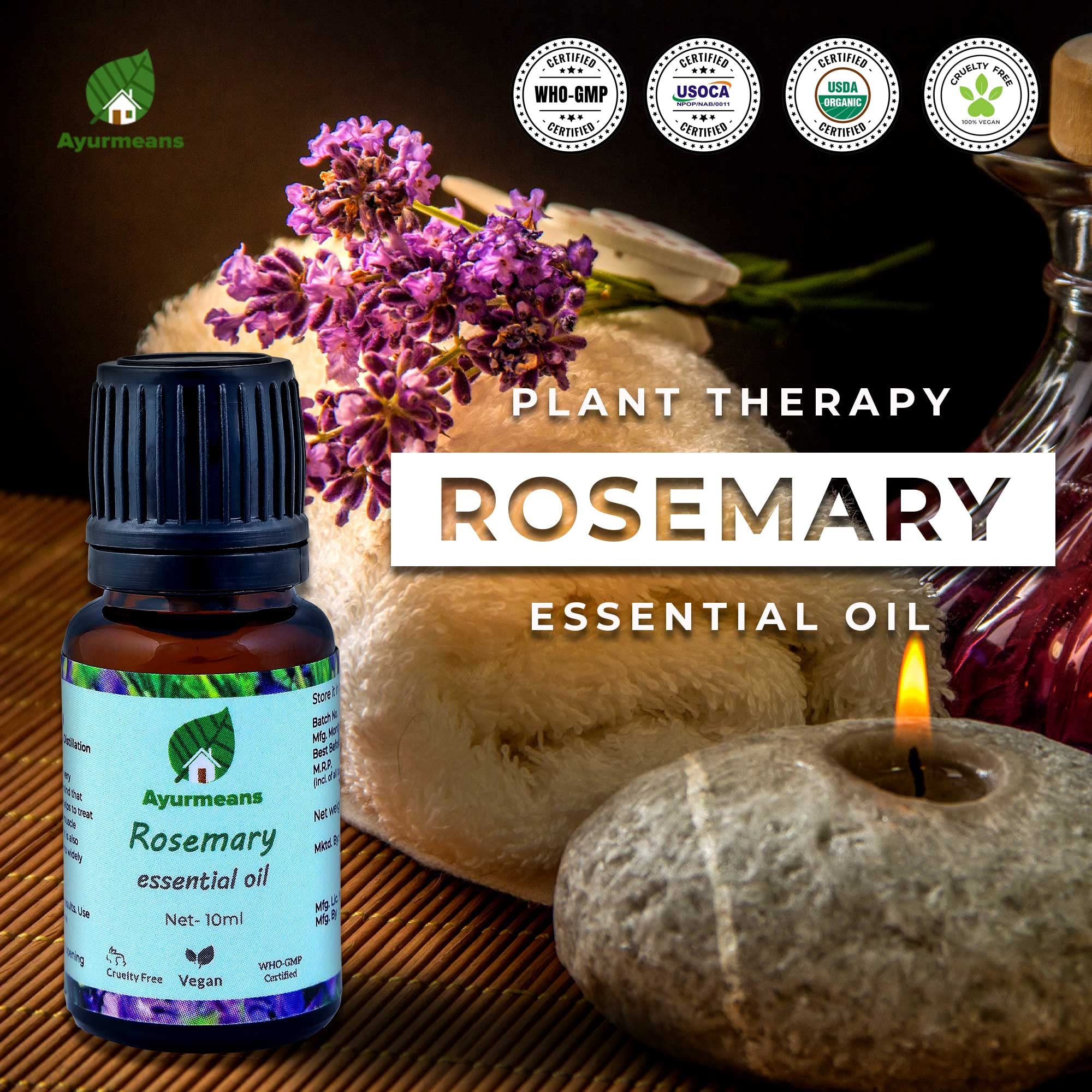Ayurmeans Pure Rosemary Essential Oil 10ml - Natural Aromatherapy for Stress Relief, Hair Growth & Pain Relief | Perfect for Diffusers, Massage & Skincare