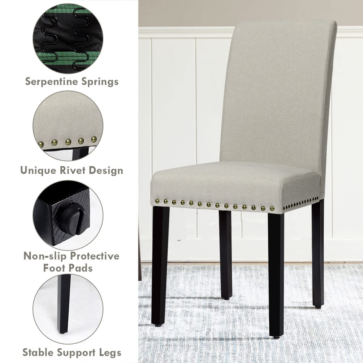 4 Pack KOTEK Upholstered Armless Dining Chairs - Modern Rubber Wood Legs with Nailhead Trim, High Back Parsons Chairs for Kitchen, Dining Room & Living Room - Beige - Perfect for Family Gatherings, Dinner Parties & Home Decor