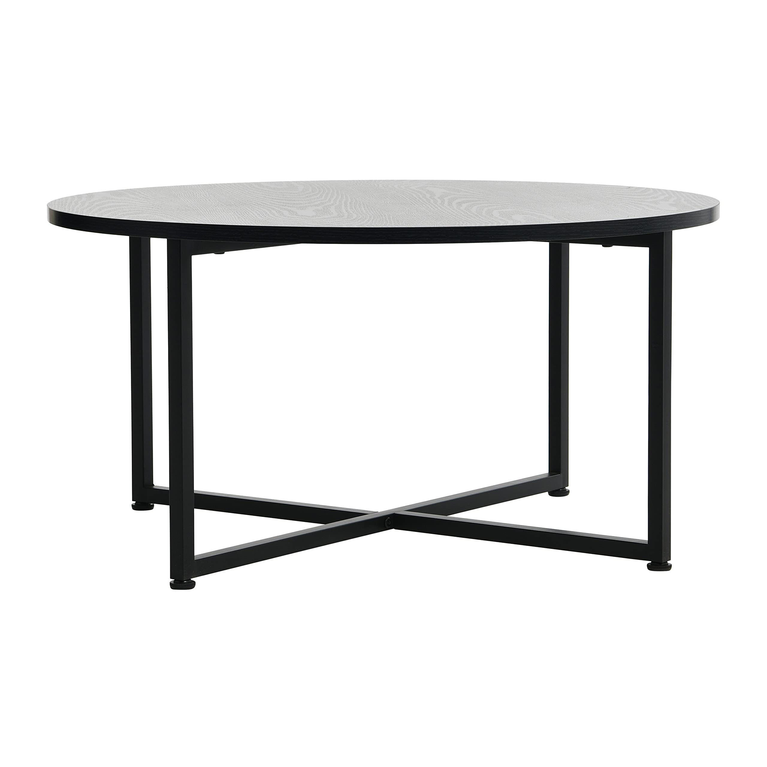 Black Oak Round Coffee Table - Metal & Wood Grain for Living Room