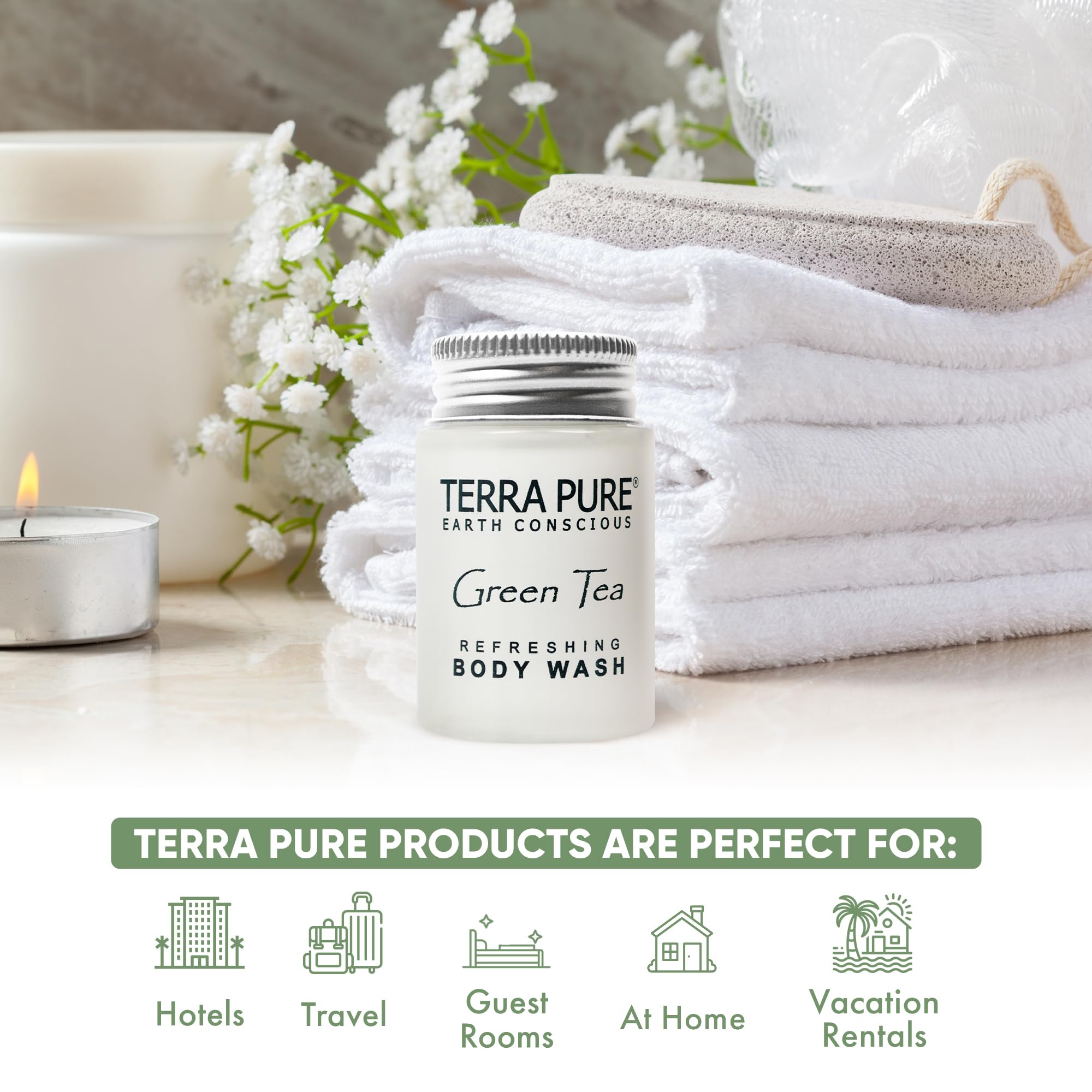 Terra Pure Green Tea Body Wash with Organic Honey & Aloe Vera - 1 oz Travel Size in Jam Jar (Pack of 300) - Perfect for Hotels, Spas & Eco-Friendly Gifts