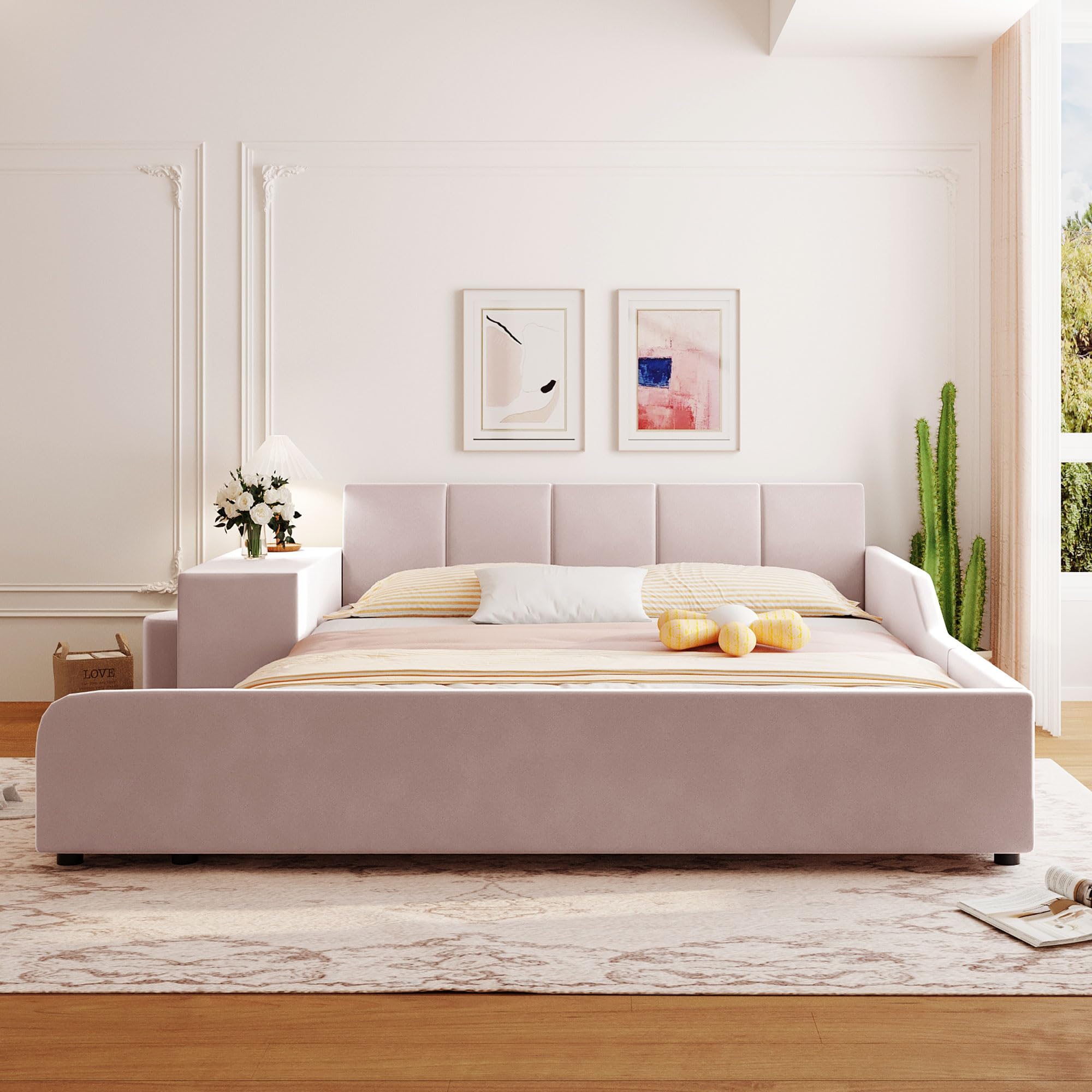 Velvet Upholstered Queen Size Platform Bed Frame with Bedside Desk & Stool - Wooden Floor Bed for Kids & Adults - Pink Bedroom Furniture for Small Spaces & Cozy Sleeping