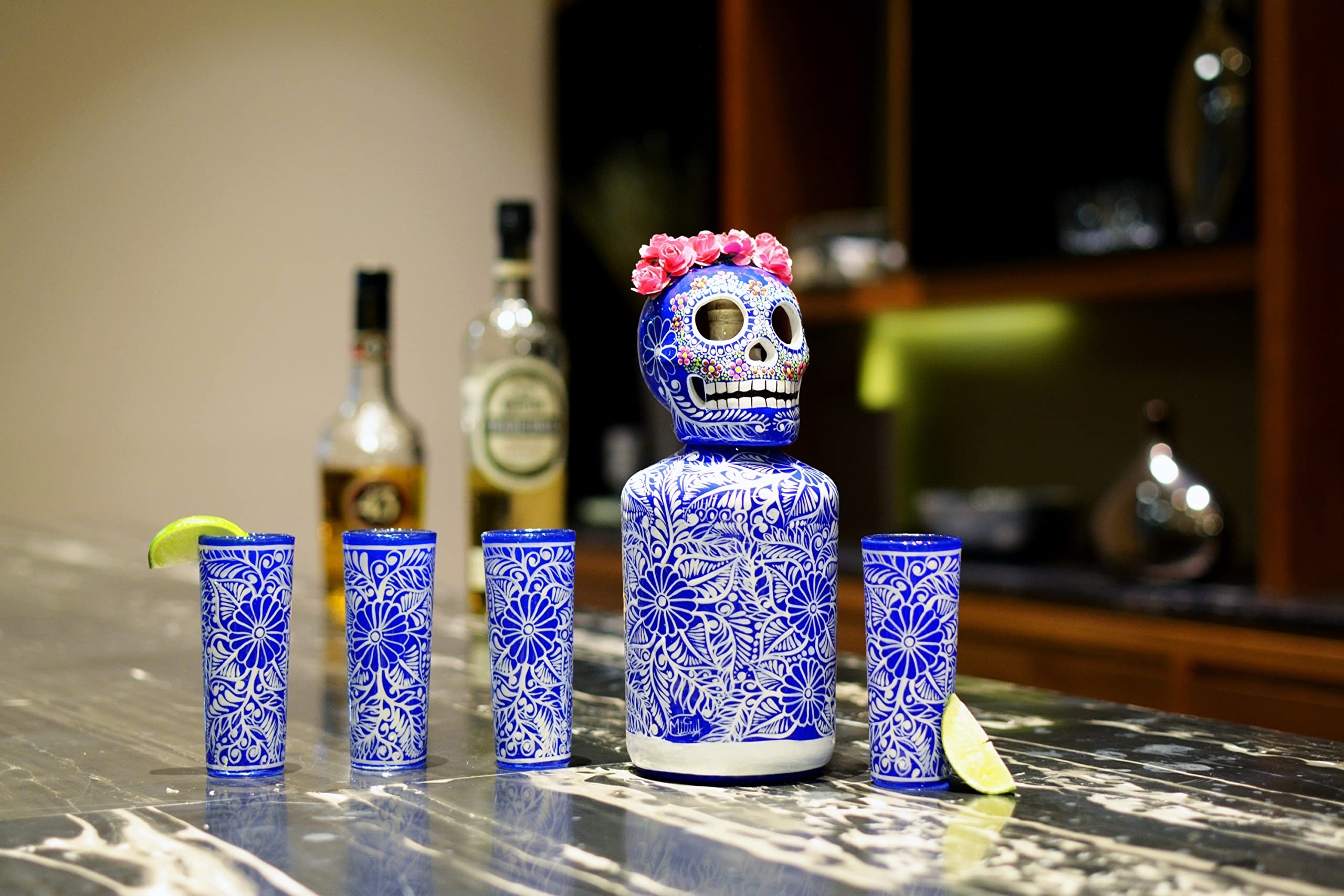 Hand-Painted Blue Catrina Skull Tequila Decanter Set with Shot Glasses & Mexican Sombrero - Personalized Liquor Decanter for Home Bar Decor, Unique Gift for Tequila Lovers (Perfect for Cinco de Mayo Parties & Mexican-Themed Events)
