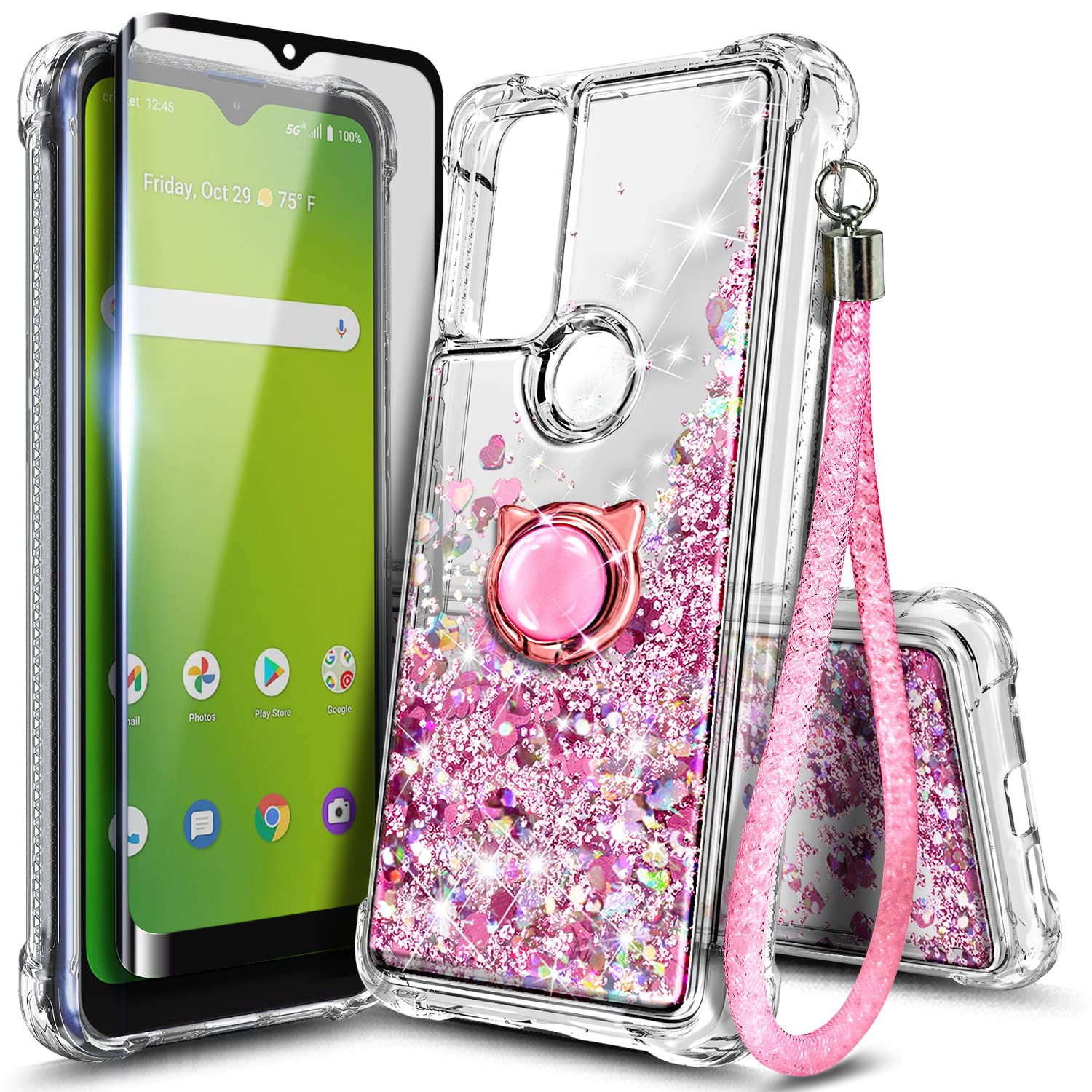 Sparkle Glitter Liquid Cute Phone Case for AT&T Radiant Max 5G, Cricket Dream 5G, AT&T Fusion 5G, Innovate 5G - Rose Gold with Tempered Glass Screen Protector, Ring Holder & Wrist Strap | Perfect for Everyday Use, Gift Giving & Fashion Accessories