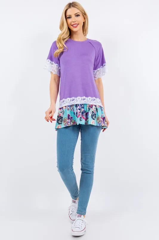 Celeste Plus Size Lace Trim Short Sleeve Blouse - Women's Floral Embroidered Casual Tops for Summer, Date Night & Office Wear