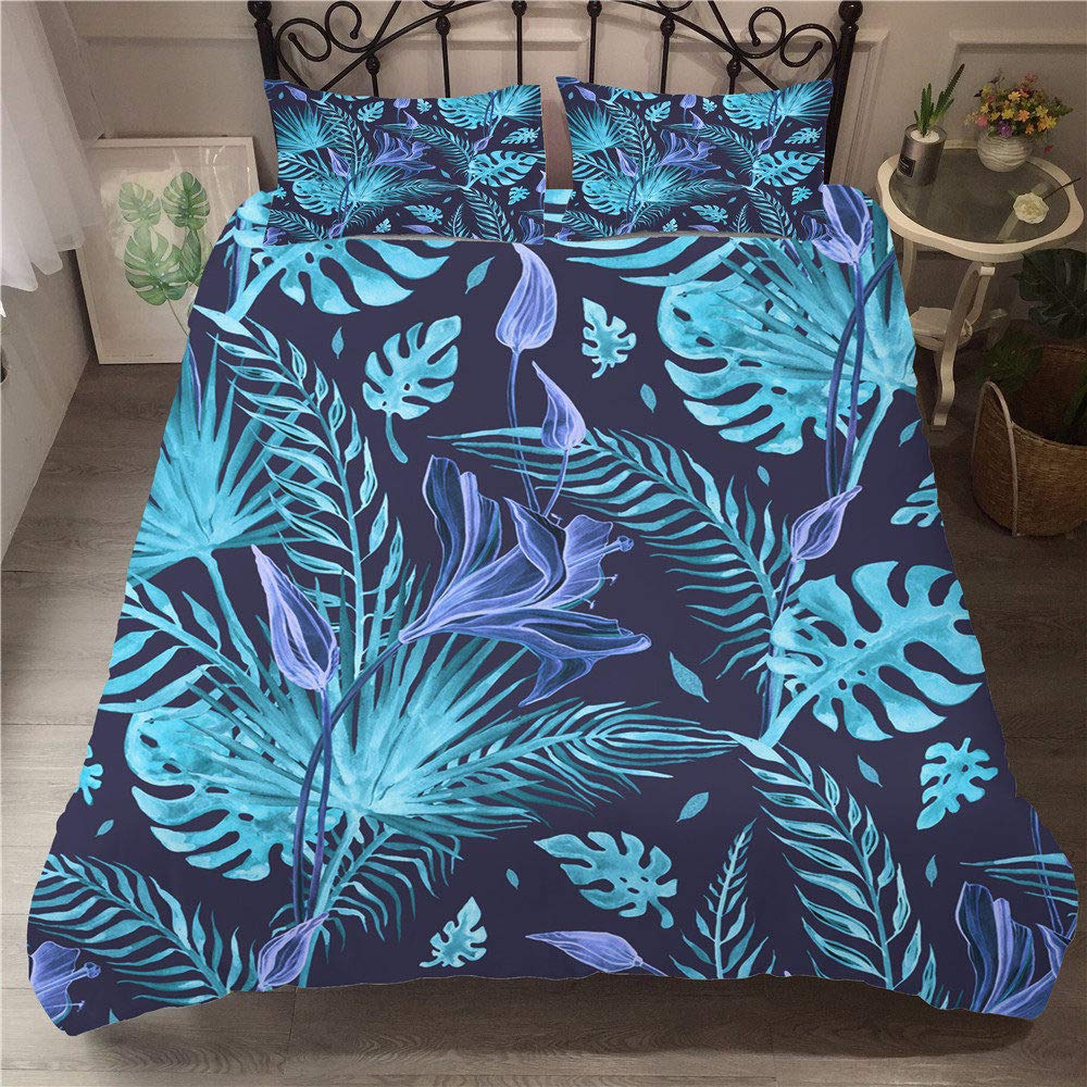 YZBEDSET 3D Purple Flowers & Green Leaves Printed Comforter Set - Tropical Plant Design Polyester Duvet Cover for Bedroom - Twin/Queen Size (203x228cm) - Soft & Breathable Bedding for Home Decor, Guest Room, or Vacation House