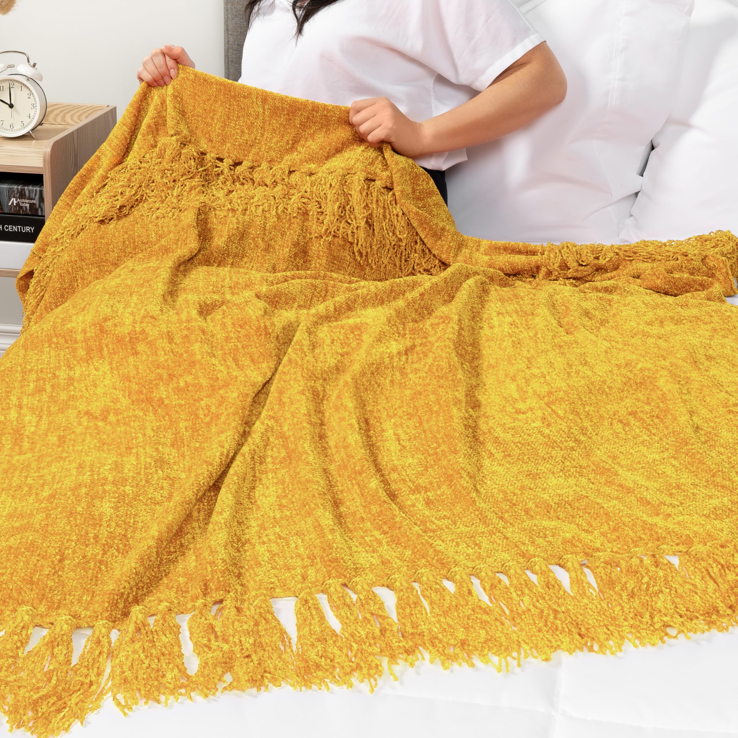 Pavilia Mustard Yellow Knit Throw Blanket - Soft Woven Blanket with Tassels for Couch, Sofa Bed & Chair - 50x60 Inches - Perfect for Living Room Decor, Cozy Nights & Gift Giving