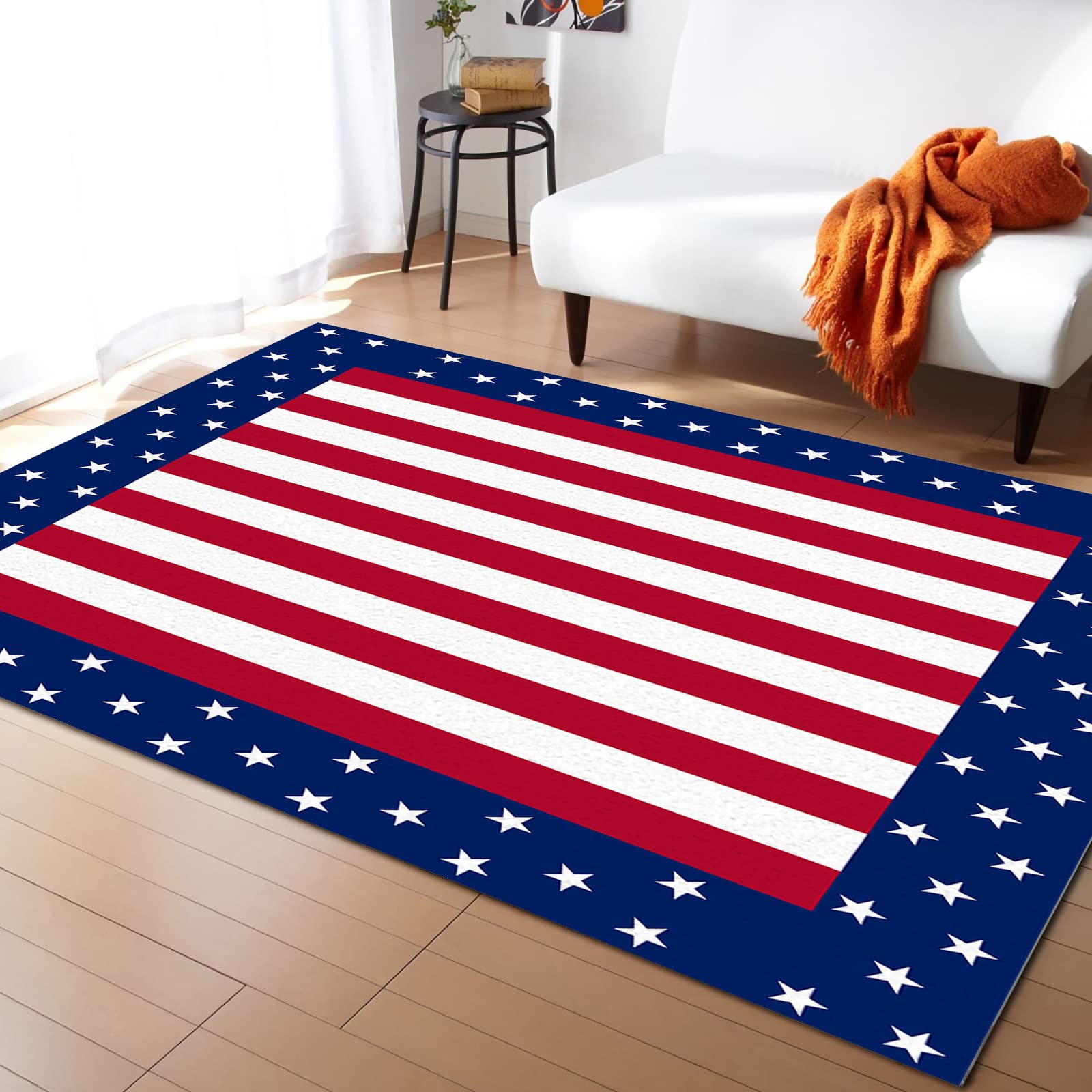 4th of July Patriotic Red Blue Star Flag Area Rug 5'x8' - Washable Indoor Outdoor Rug for Kitchen, Living Room, Bathroom, Bedroom, Classroom | Perfect for Independence Day Decor, Front Door Welcome Mat, and American Theme Home Decor