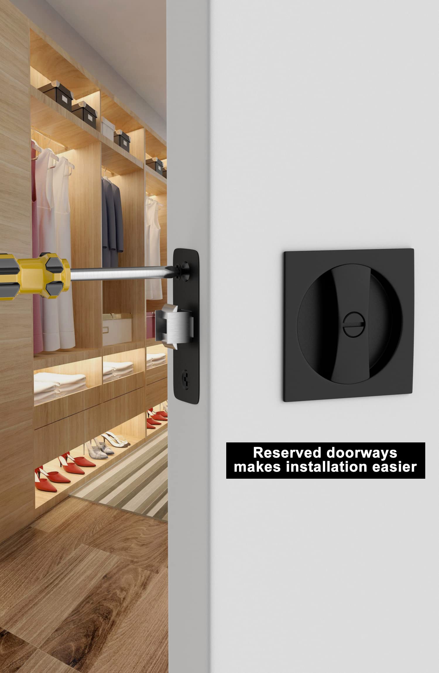 GoldenWarm 2 Pack Matte Black Pocket Door Lock for Bedroom & Bathroom - Contemporary Square Privacy Hardware with Flush Latch (2-3/8