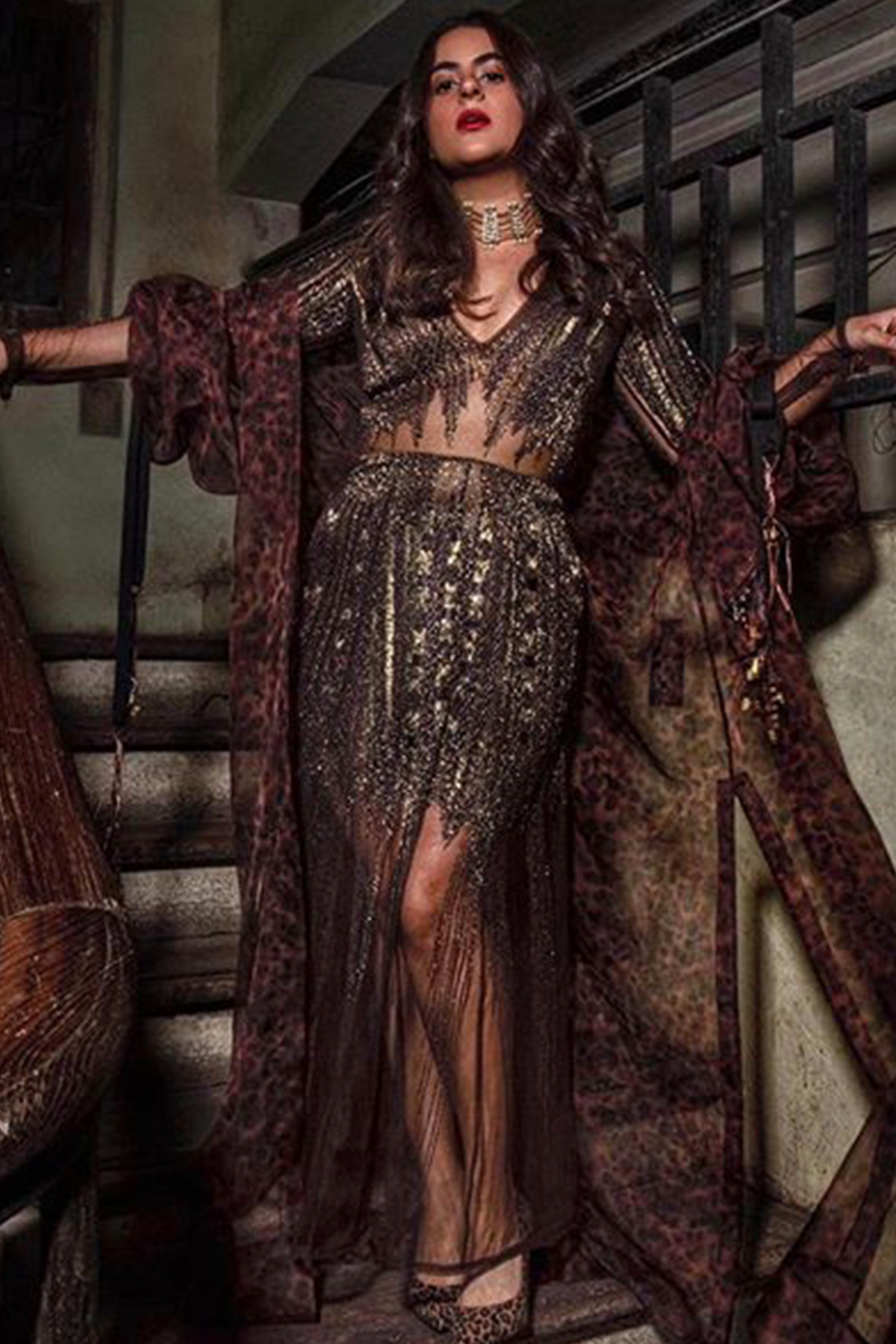 Elegant Chocolate Brown & Gold Embellished Dress with Stone Print Trench Coat - Perfect for Evening Parties & Special Occasions