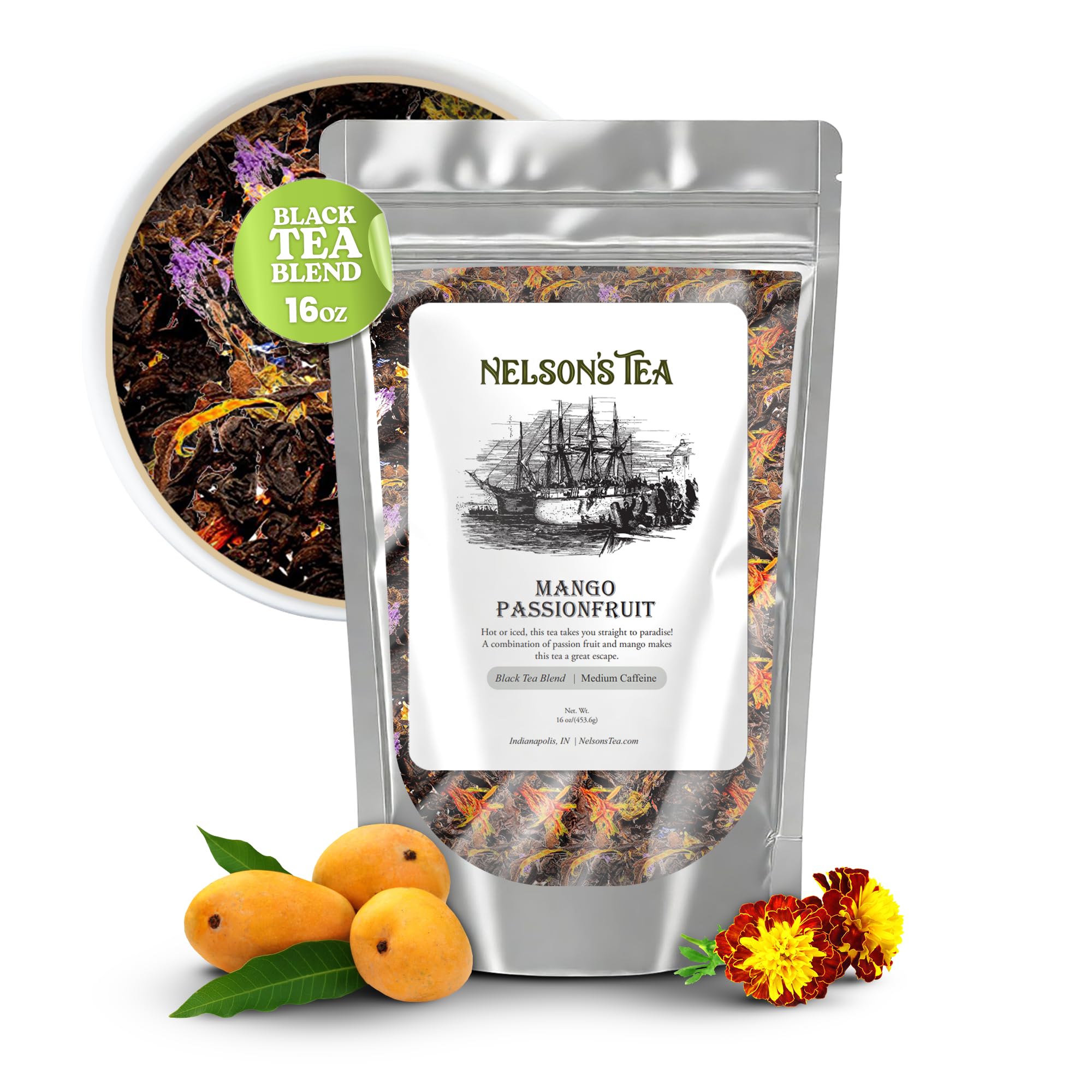 Nelson's Tea Mango Passionfruit Black Loose Leaf Tea - Premium Blend with Dried Mango, Cornflowers & Natural Flavors - 16 oz Fruit Tea for Iced Tea, Hot Brew & Gift Giving