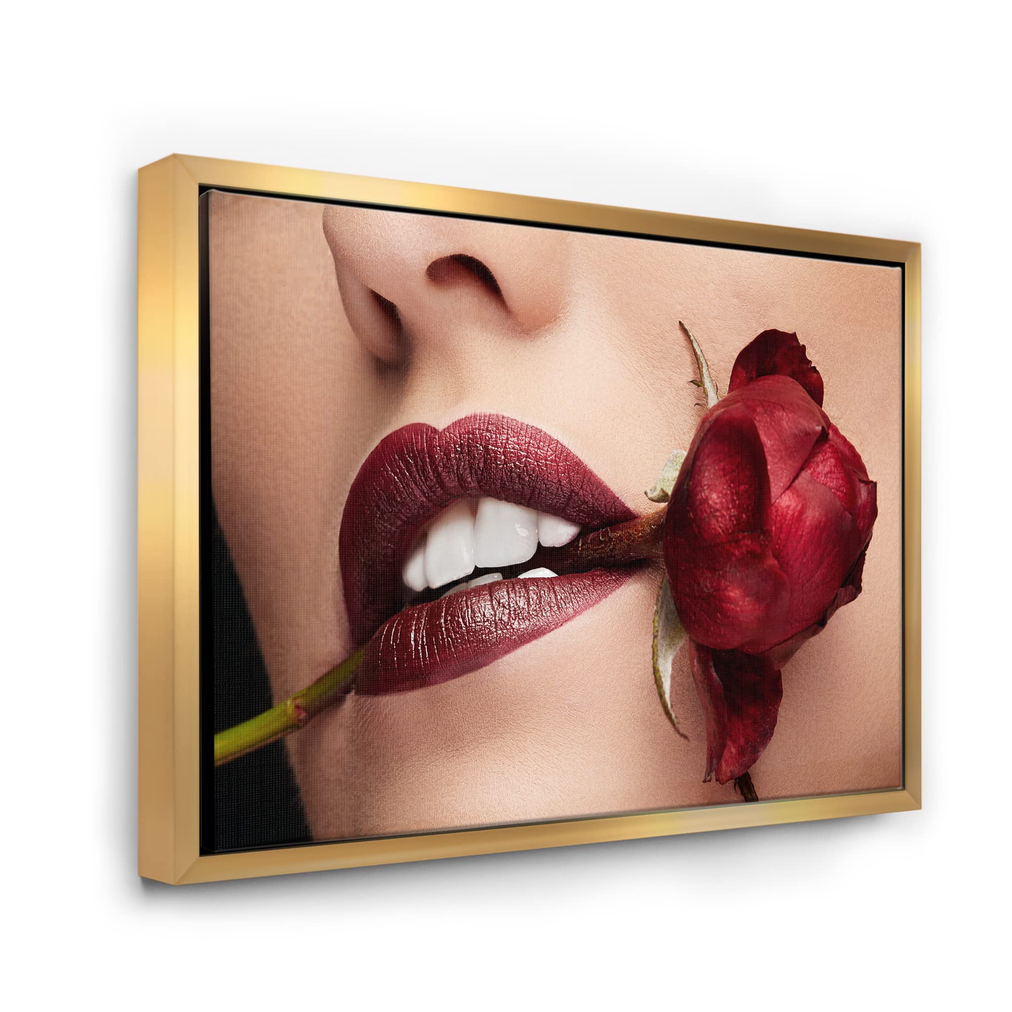 Modern Framed Canvas Wall Art Print - Woman with Red Lipstick Holding Rose in Mouth - Perfect for Living Room, Bedroom & Office Decor