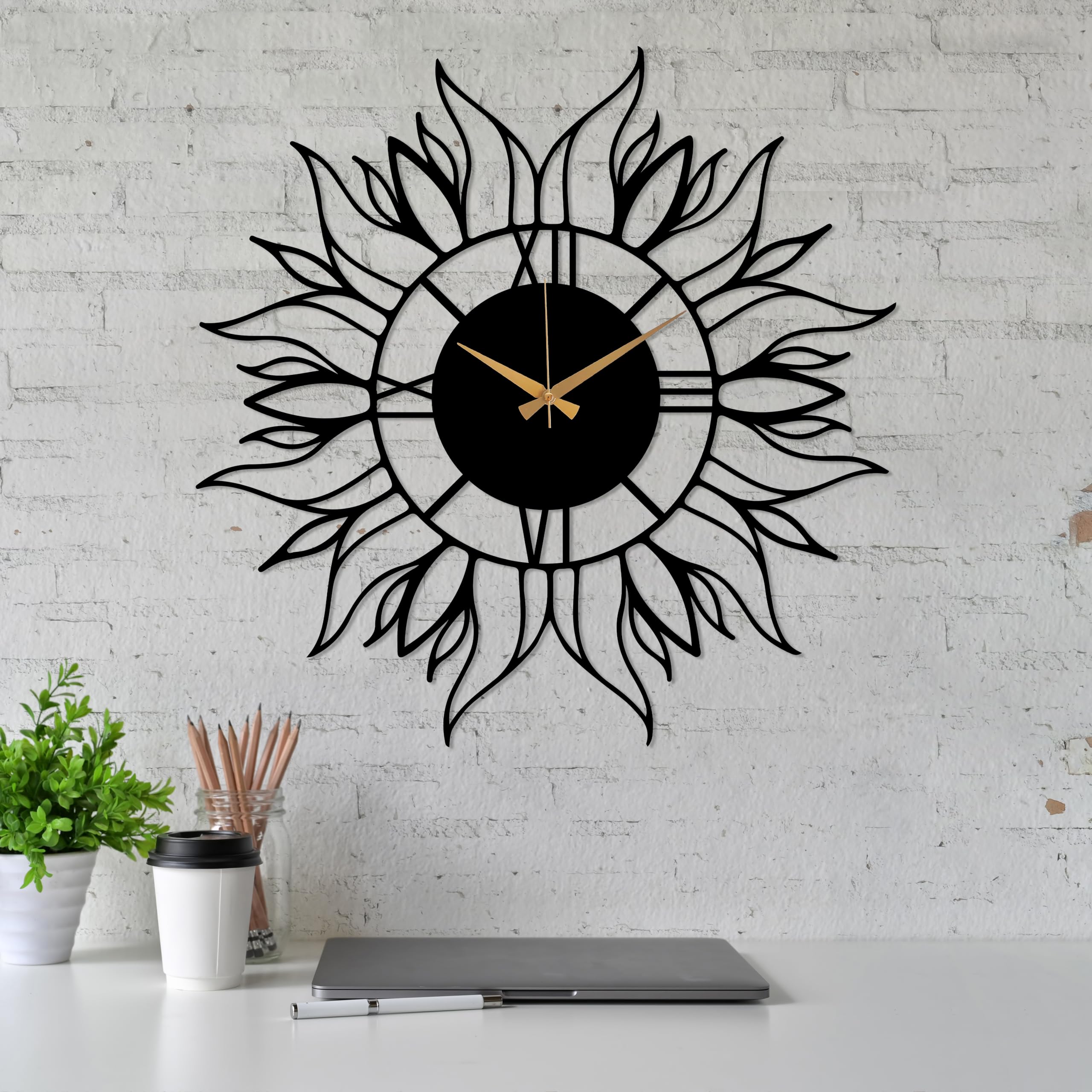 Large Black Minimalist Sun Metal Wall Clock - 19.3 x 19.3 Inch Oversized Silent Non-Ticking Wall Decor - Modern Boho Home Decor for Living Room, Bedroom & Office - Unique Artistic Statement Piece (50 x 50 cm)