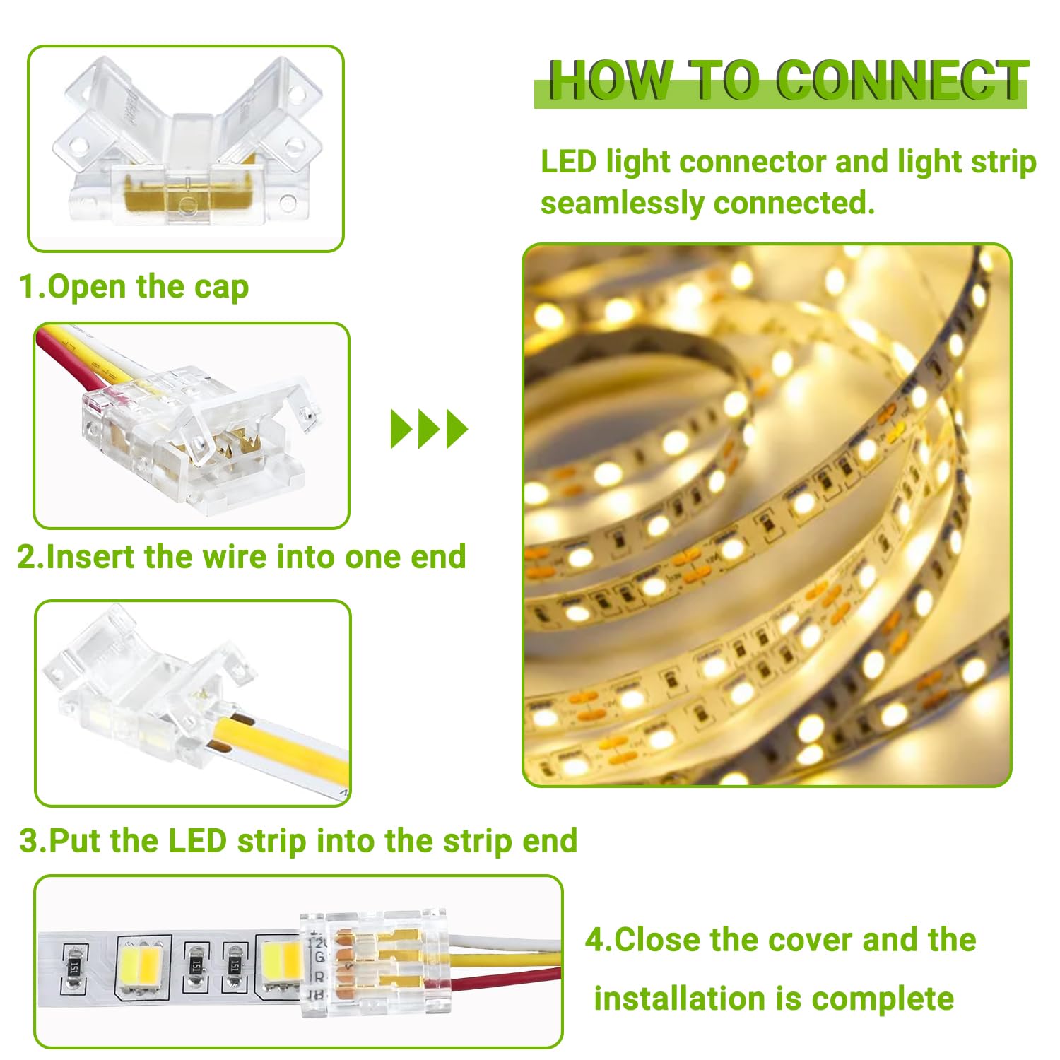 10mm 3-Pin LED Strip Connector - Clear Unwired Gapless Quick Connect Adapter for 5050 RGB LED Light Strips (20 Pack) - Perfect for Home, Office, and DIY Lighting Projects