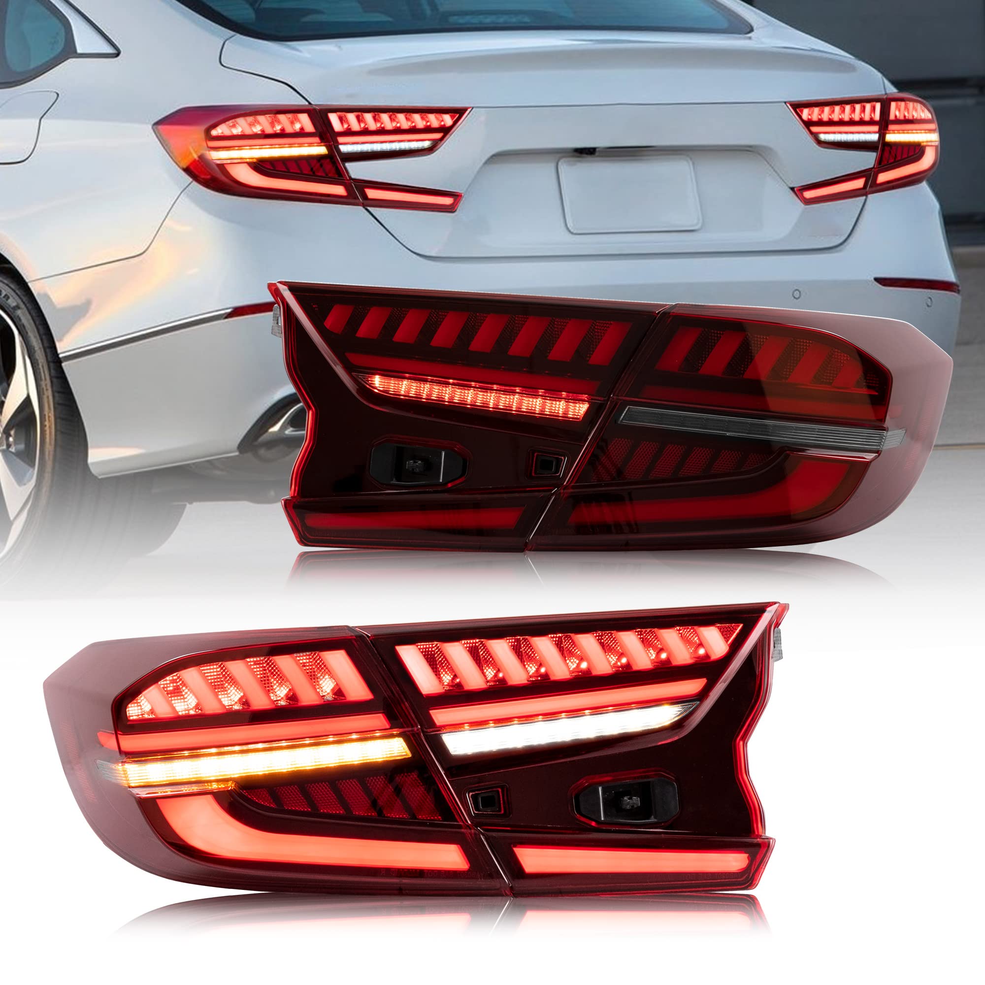 VLAND LED Tail Lights for Honda Accord 10th Gen 2018-2022 - Dynamic Scanning Animation, Sequential Turn Signals, Red DRL - Pair (4Pcs) - Perfect for Night Driving & Car Customization