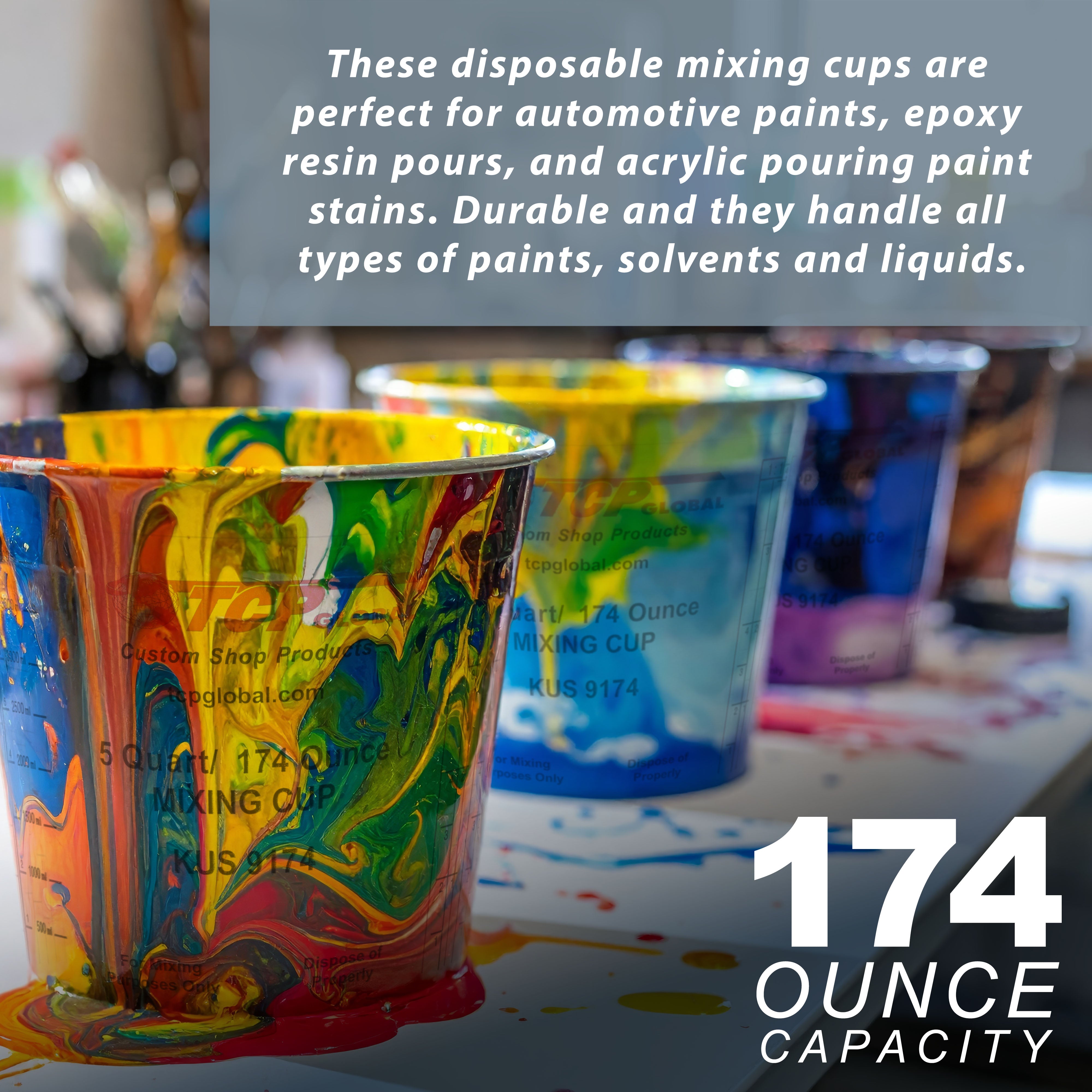 5 Quart Paint Mixing Cups (48 Pack) - Plastic Measuring Cups for Liquids, Automotive Painting, Epoxy Resin, Acrylic Arts & Crafts - Disposable or Reusable Graduated Mixing Cups with Ratio Markings - Perfect for DIY Projects, Home Renovation & Professional Auto Body Work