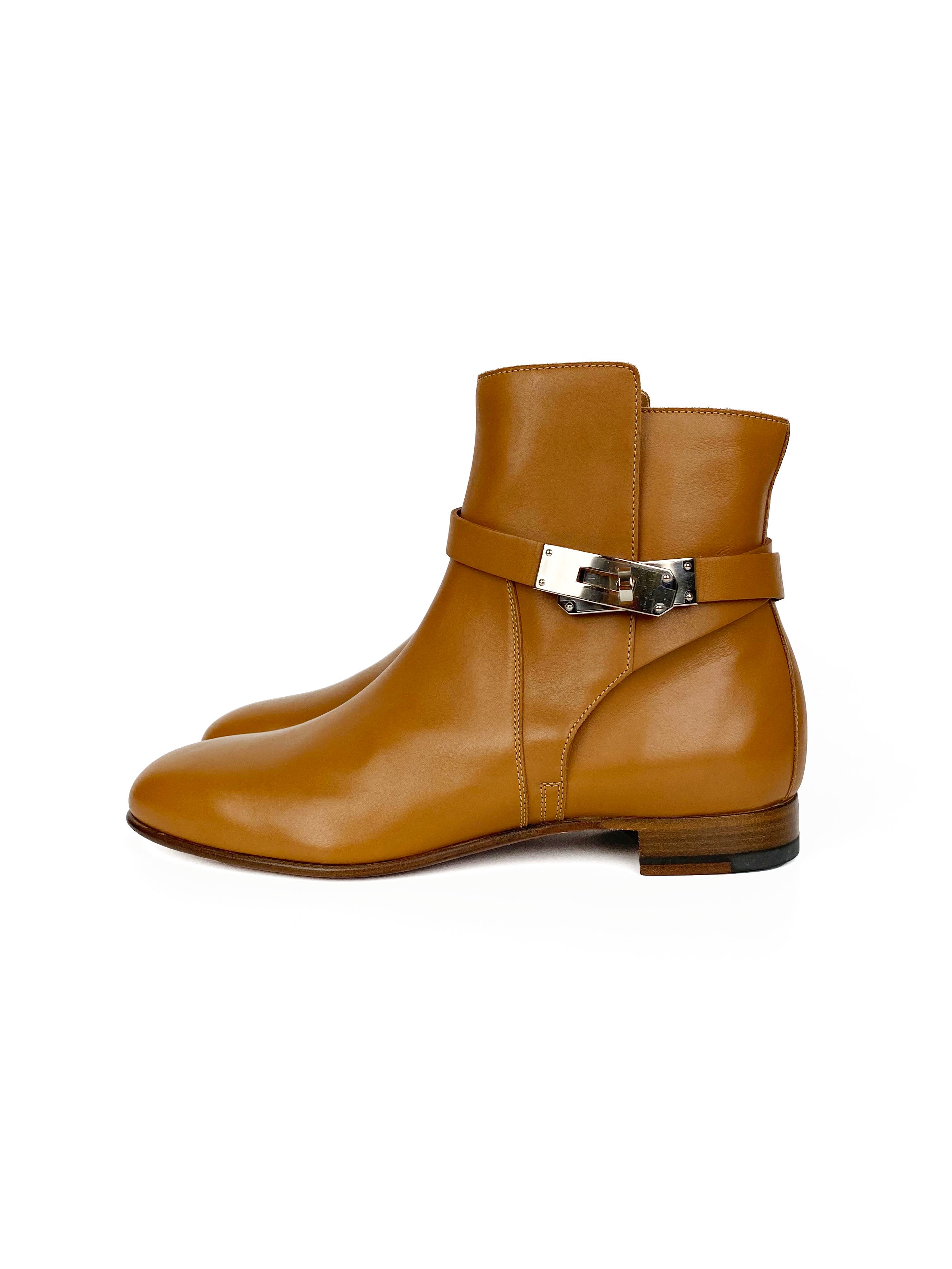 Hermes Light Brown Kelly Ankle Boots Size 37.5 - Women's Luxury Leather Booties for Fall & Winter Fashion, Office & Evening Wear