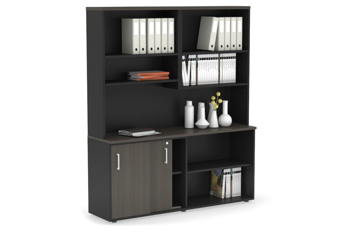 Modern 2-Door Sliding Credenza with Open Storage Hutch - Stylish Home Office & Living Room Furniture for Organization & Display
