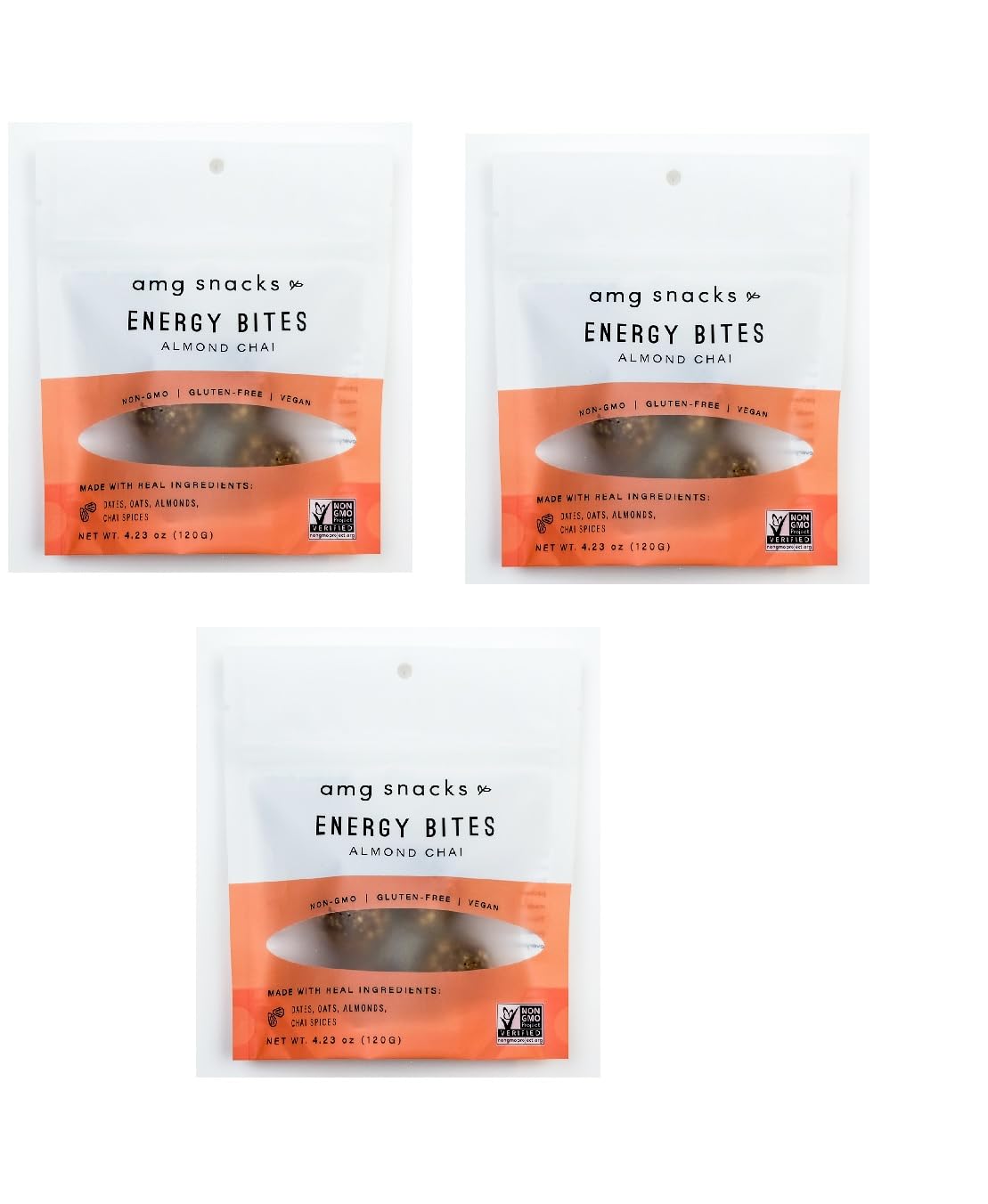 AMG Snacks Almond Chai Energy Bites - 4.3 oz, Pack of 3 (36 Bites Total) | Vegan Protein Bars with Dates & Nuts | Non-GMO, Gluten Free, All Natural Ingredients | Healthy On-the-Go Snack for Hiking, Workouts & Office Breaks