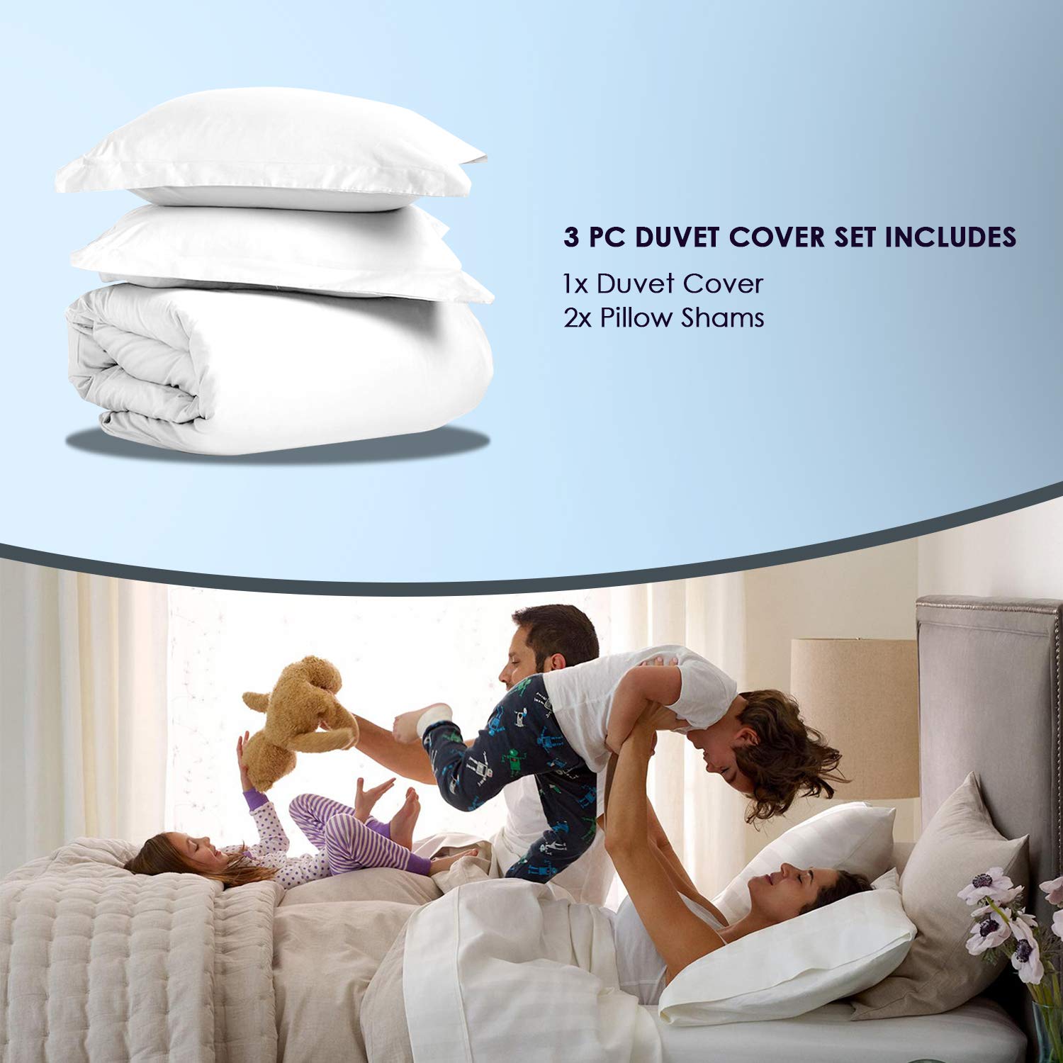 Pizuna Pure 100% Cotton King Duvet Cover Set - 1000 Thread Count Long Staple Cotton Sateen Weave with Button Closure - Ultra Soft & Breathable Combed White Duvet Cover for King Size Bed - Perfect for Luxury Bedroom, Hotel Style Comfort & All-Season Use