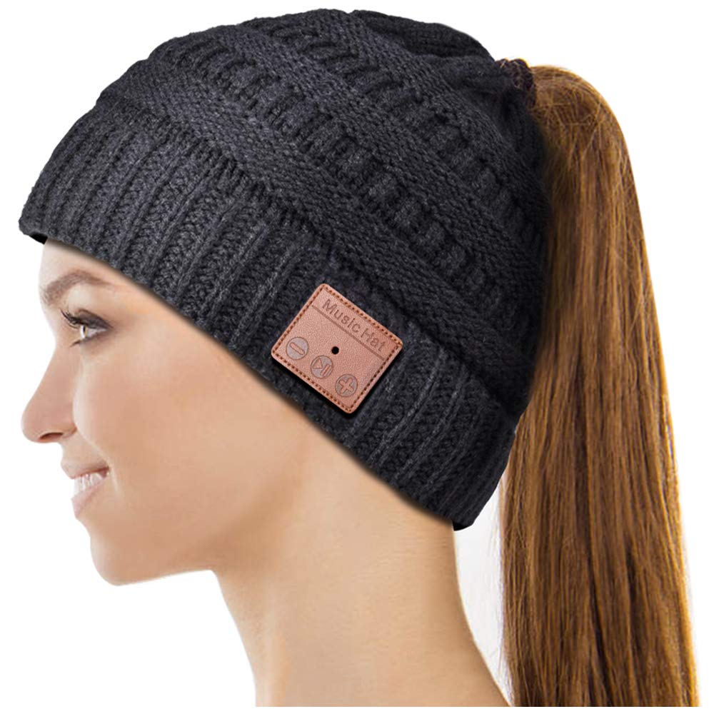 Bluetooth Beanie Hat for Women - Wireless Headphone Winter Cap with Ponytail Hole, Christmas Stocking Stuffer, Birthday Gift for Her, Wife, Mom | Cozy Music Listening & Outdoor Activities
