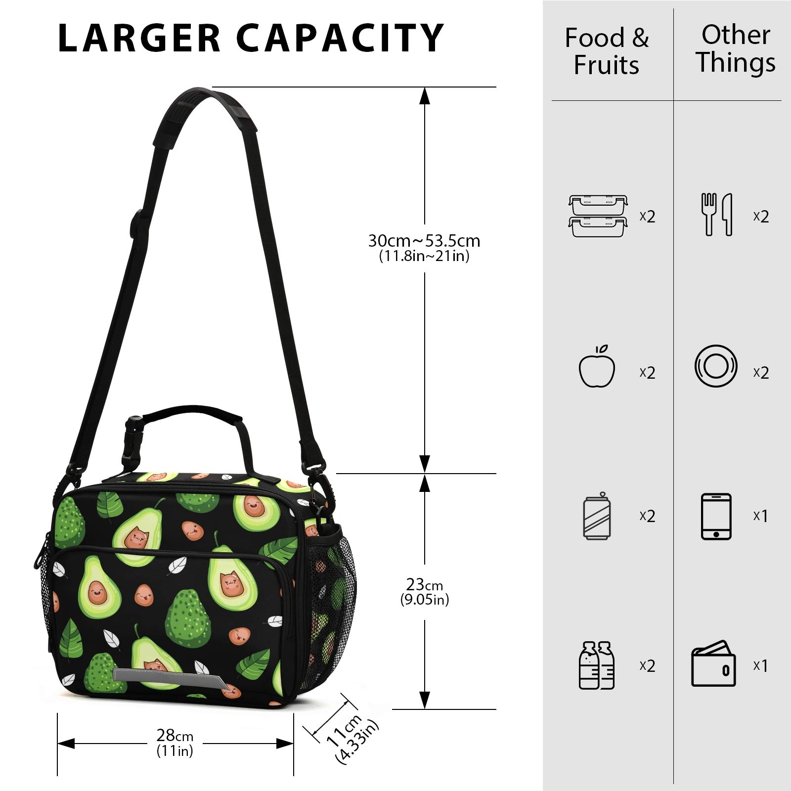 Kawaii Avocado Fruit Insulated Lunch Bag - Leakproof Reusable Lunch Box with Large Drinks Holder for Kids, Adults, School & Office - Perfect for Picnics, Work Lunches & Outdoor Activities