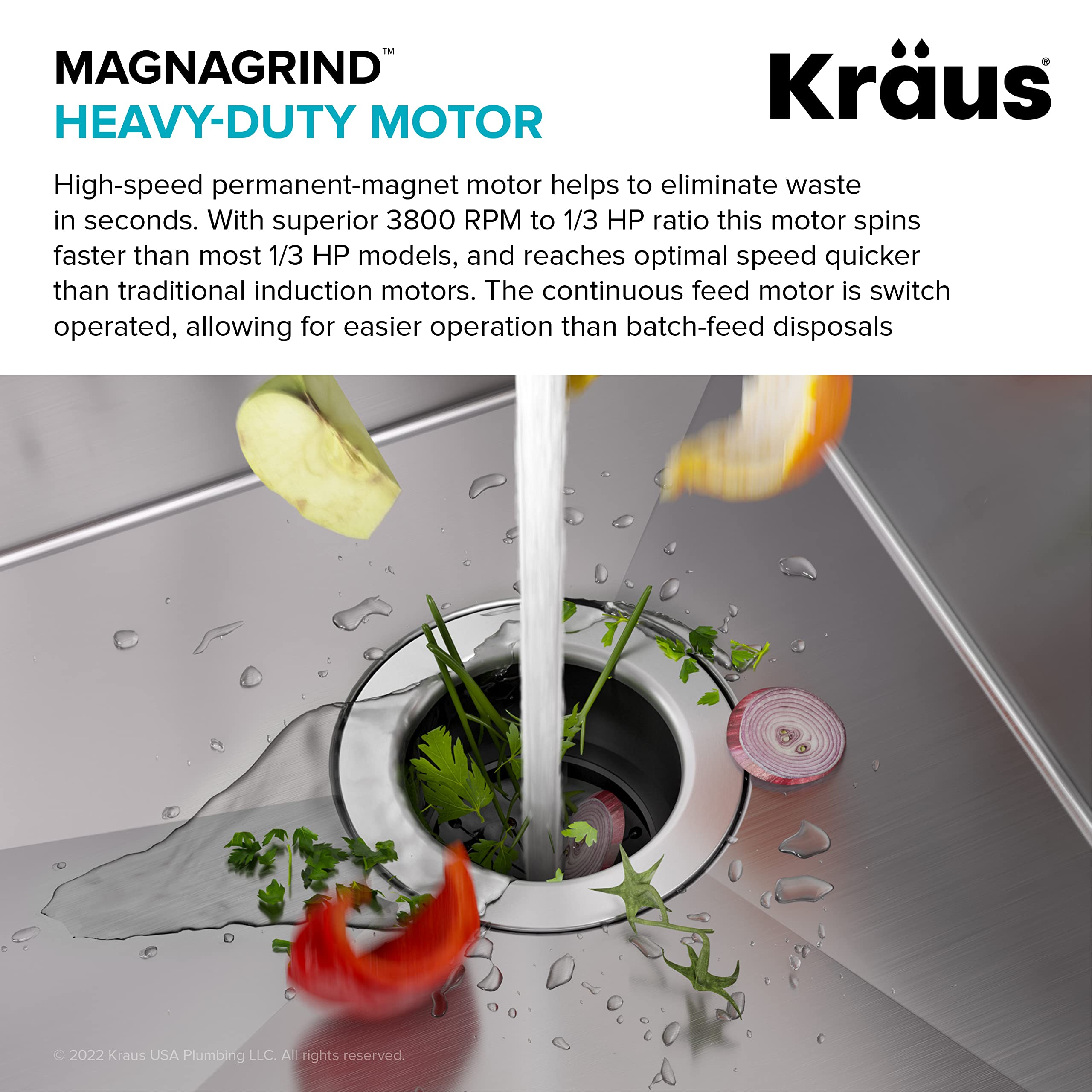KRAUS WasteGuard 1/3 HP Continuous Feed Ultra-Quiet Garbage Disposal with Quick Connect Mount - Includes Power Cord & Flange (KWD100-33MBL) - Perfect for Kitchen Sink Waste Disposal & Food Scrap Recycling