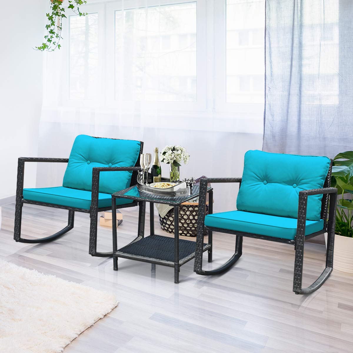 Tangkula 3-Piece Outdoor Wicker Rocking Bistro Set with Cushioned Chairs, Glass Coffee Table & Storage Shelf - Turquoise Patio Furniture for Garden, Porch & Backyard Relaxation