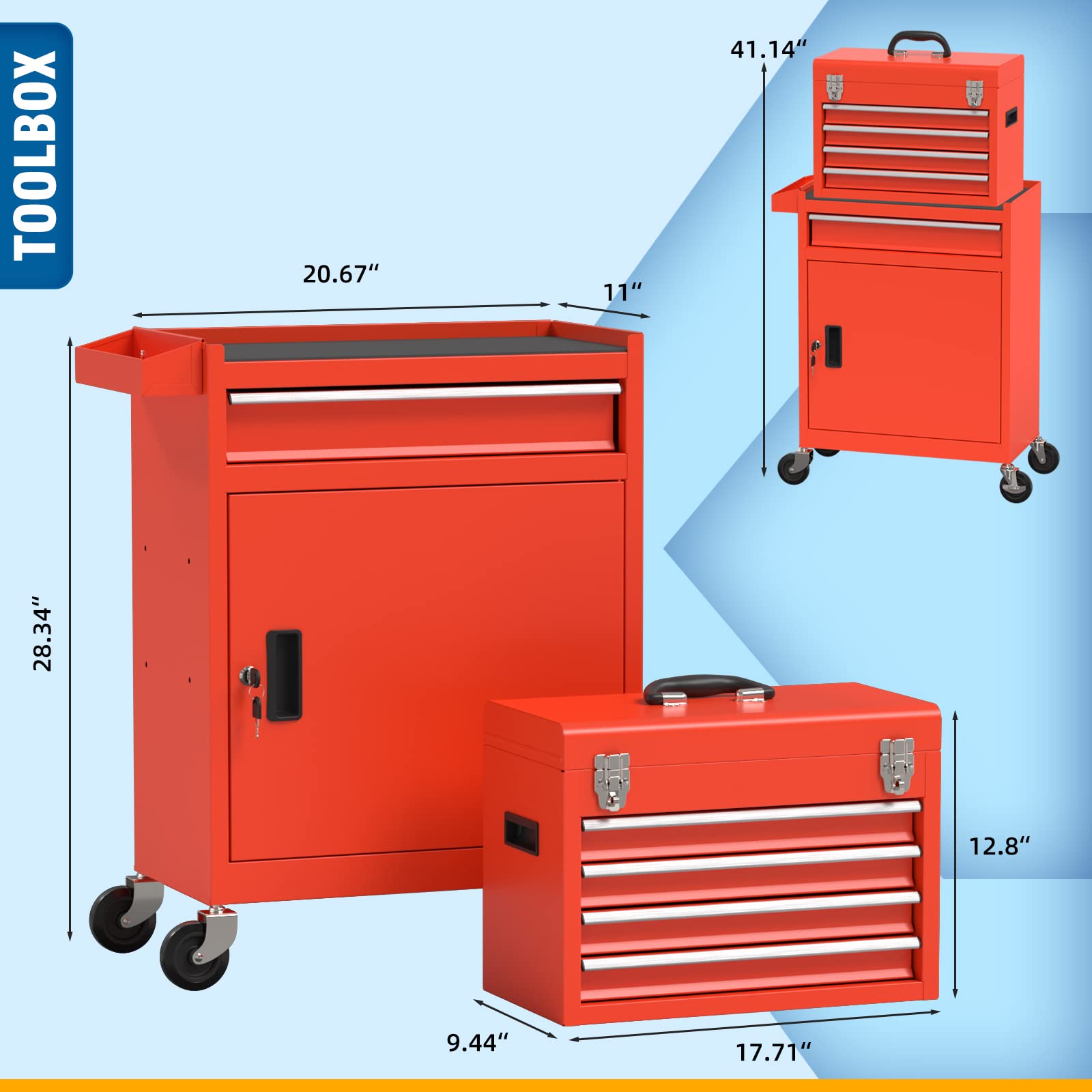 5-Drawer Rolling Tool Chest with Wheels - Heavy Duty Removable Tool Box with Storage Tray & Cabinet Organizer for Garage, Workshop, Warehouse (Red) - Perfect for Mechanics, DIY Enthusiasts & Professional Tradesmen
