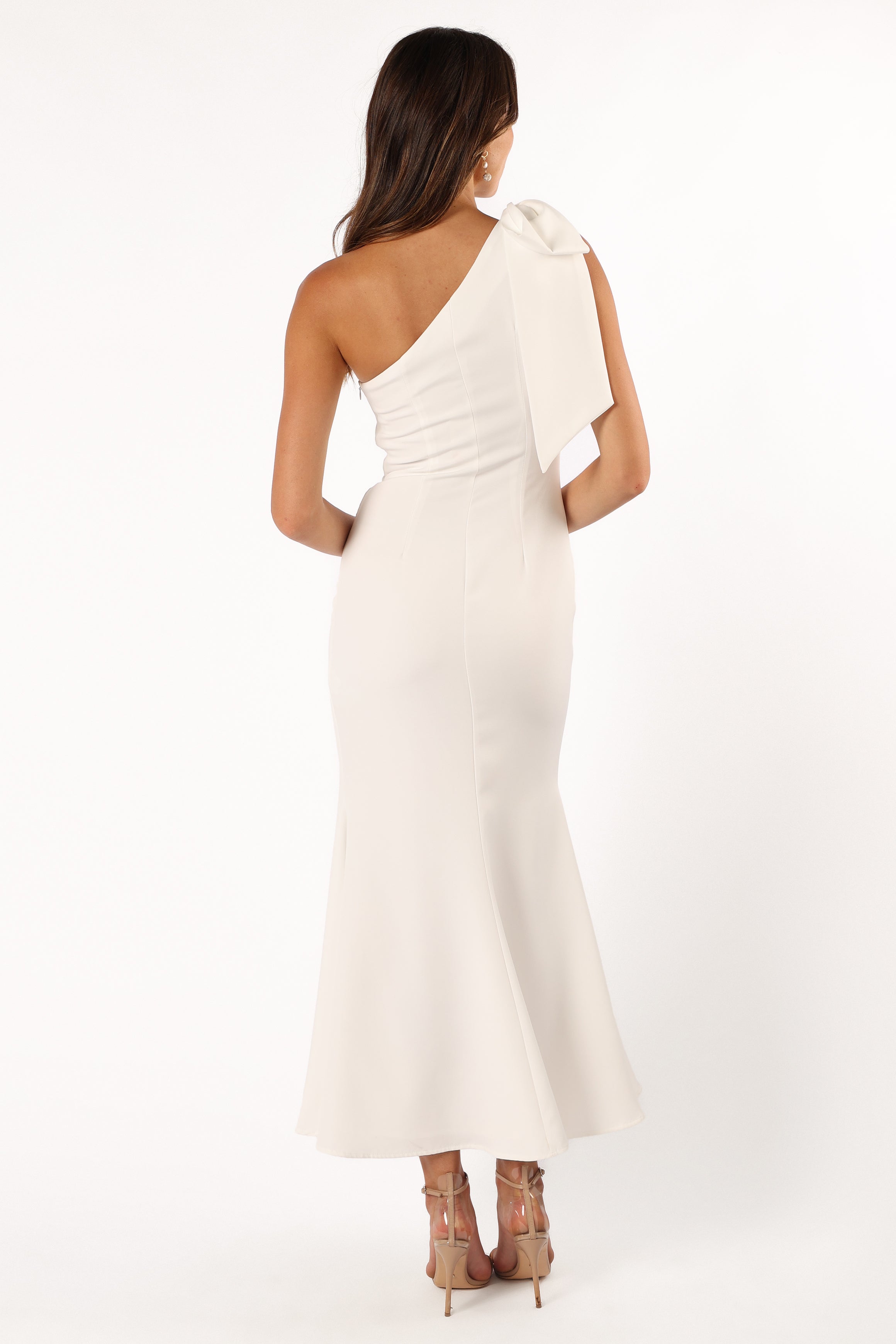 Elegant Charmed One Shoulder Midi Dress in Off White - Perfect for Cocktail Parties, Weddings & Special Occasions