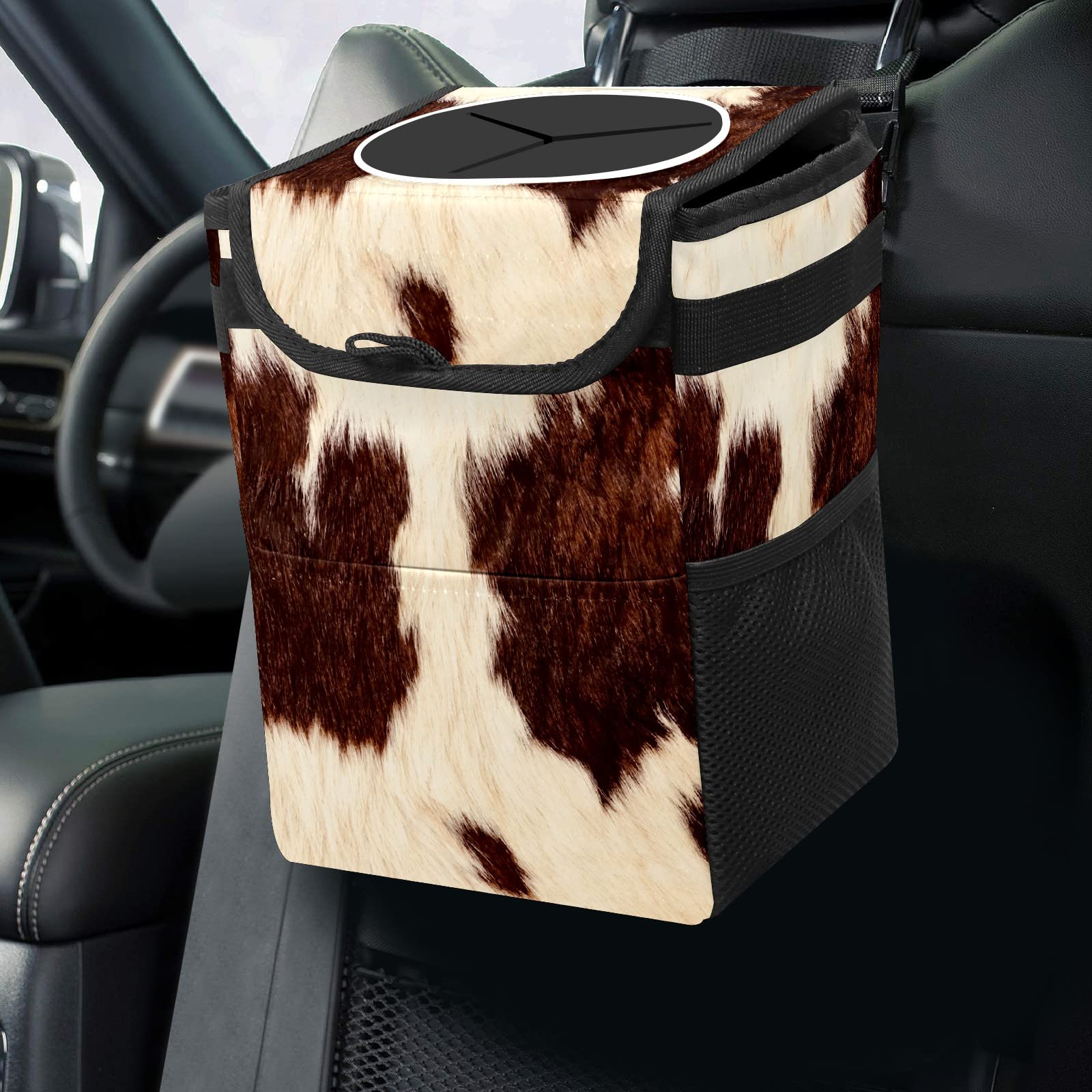 Western Cowhide Car Trash Can with Lid - Collapsible Reusable Waterproof Auto Garbage Bin for Car, Truck & SUV | Car Accessories Interior Organizer for Road Trips, Commuting & Camping