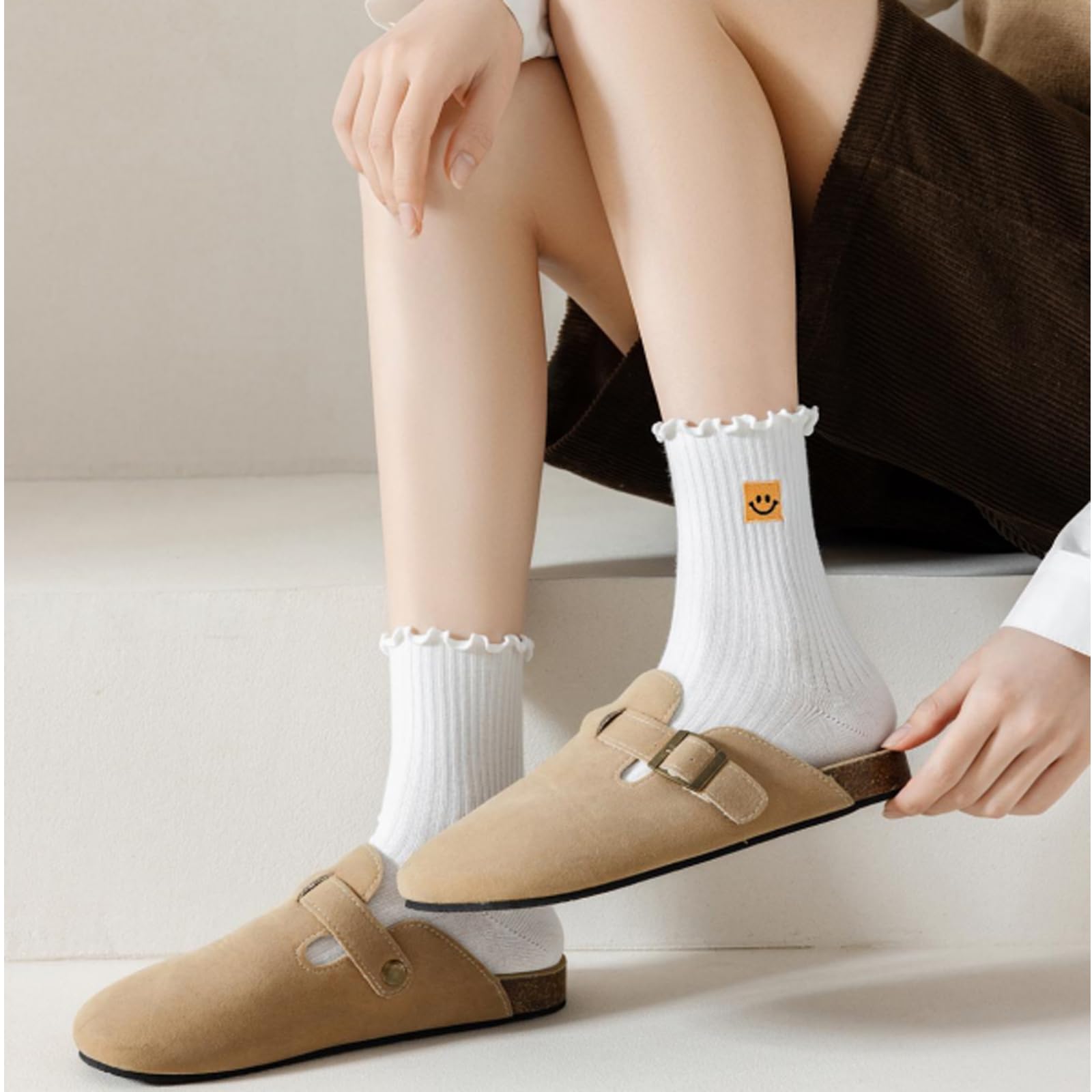 Funny Women's Ruffle Ankle Socks 6-Pack with Smiling Face Embroidery - Perfect Gift for Her