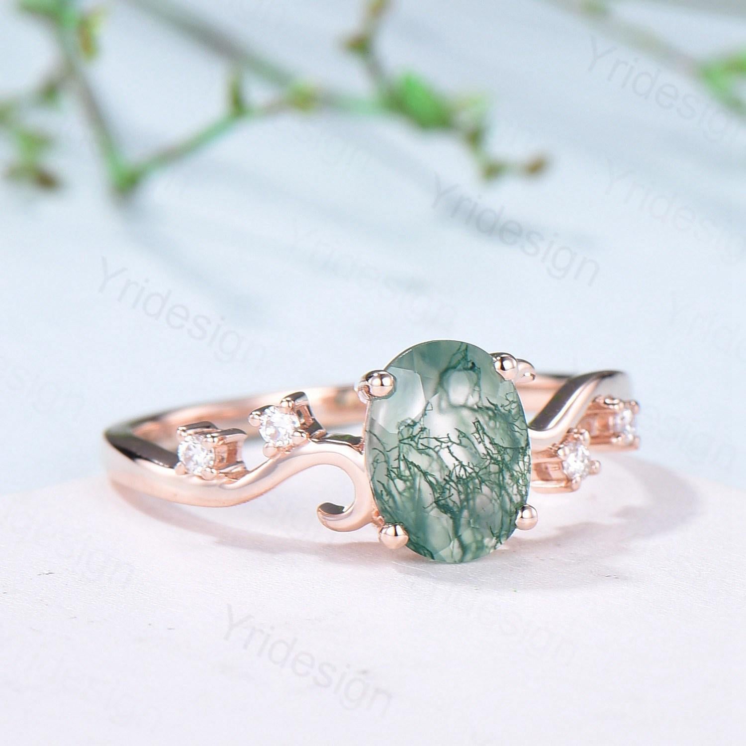 1.5CT Oval Natural Moss Agate Twist Engagement Ring in Sterling Silver & Rose Gold - Art Deco Wedding Band, Garden Jewelry, Birthstone Gift for Mom, Anniversary Present - Perfect for Proposals, Weddings & Special Occasions