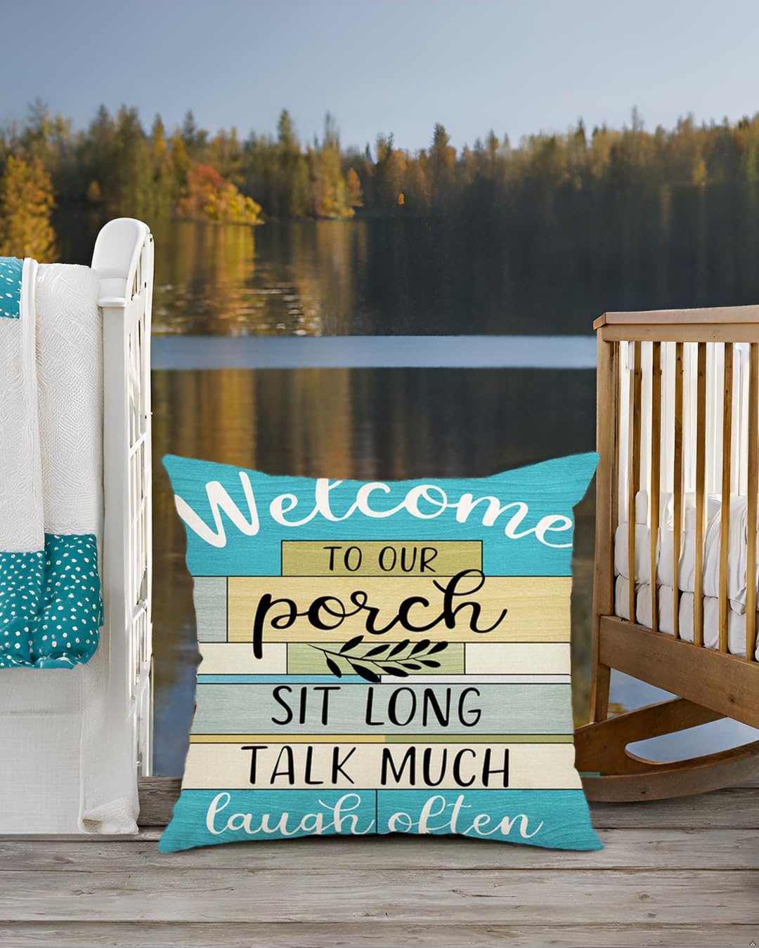 Waterproof Outdoor Pillow Covers 18x18 Inch - Turquoise Woodgrain Stripe Decorative Cushion Covers for Patio Furniture (Set of 2) - Perfect for Lake House Porch, Garden, and Backyard Decor