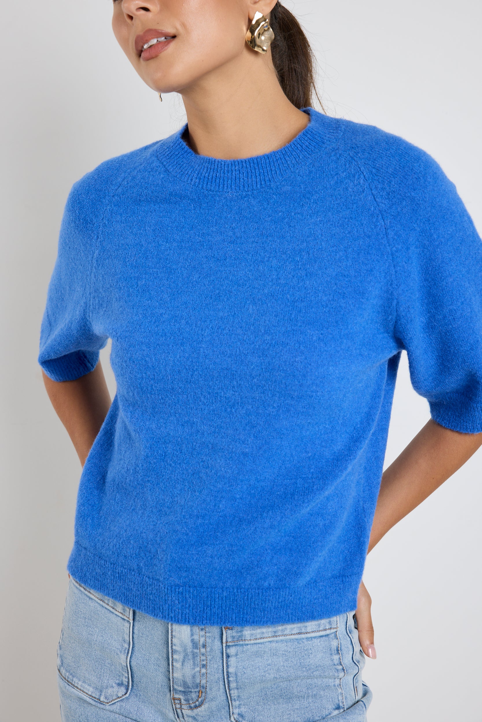Assembled Azure Blue Alpaca Blend Raglan Knit Tee - Soft & Comfortable Women's Casual Top for Everyday Wear