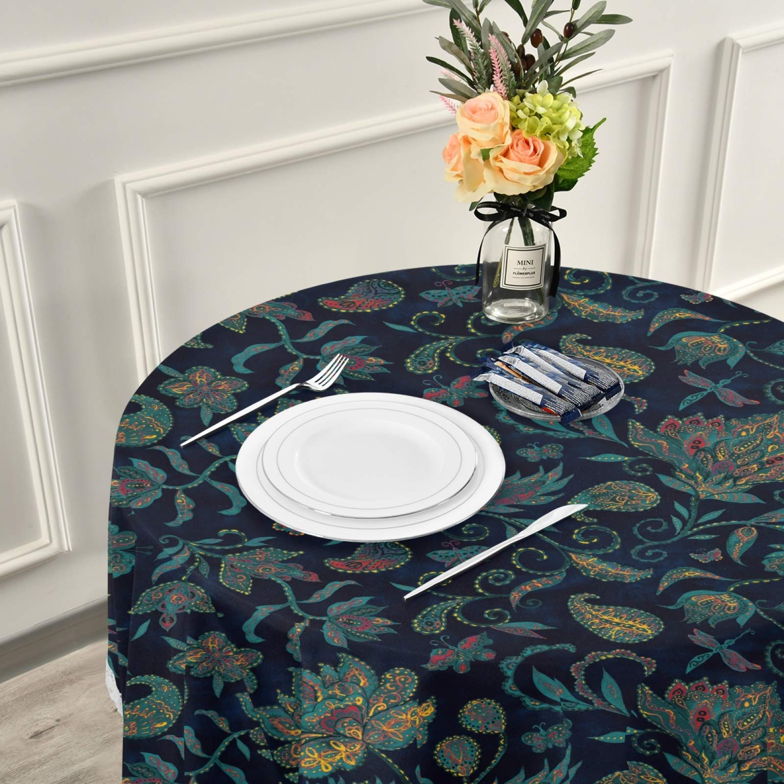ALAZA 60x60 Inch Round Tablecloth - Paisley Watercolor Floral Ethnic Pattern Elastic Table Cover, Wrinkle-Resistant for Dining, Kitchen, Parties & Outdoor Events