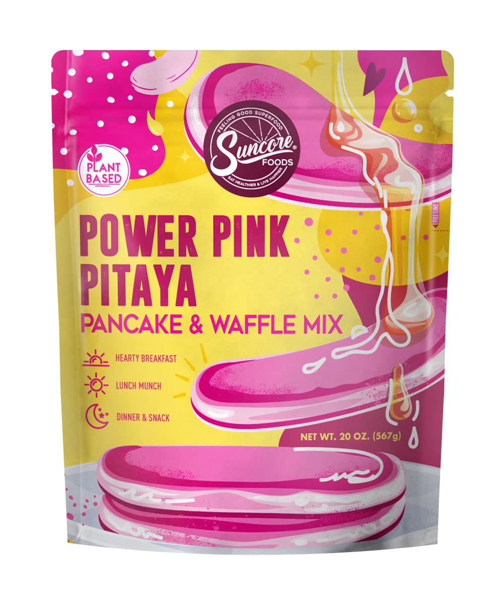 Suncore Foods Power Pink Pitaya Pancake & Waffle Mix - Non-GMO, Vegan, Gluten-Free, 20oz (1 Pack) - Perfect for Breakfast, Brunch, and Dessert Recipes