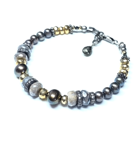 Pearl and Mystic Moonstone Bracelet in Mixed Metals - Elegant Boho Jewelry for Women, Perfect for Weddings, Parties & Everyday Wear