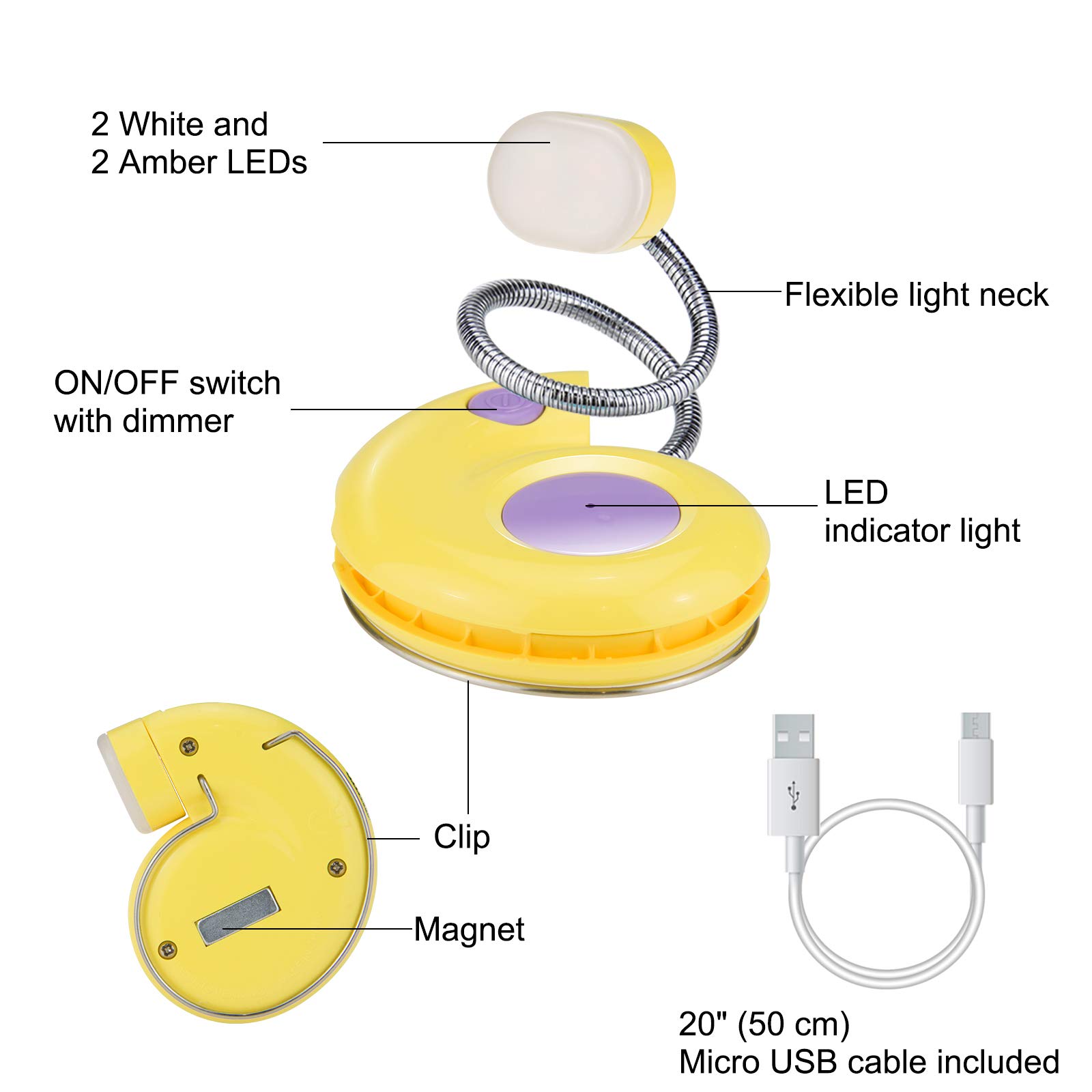 USB Rechargeable LED Book Light - 3 Brightness Dimmable Clip-on Reading Lamp for Kids & Adults, Portable Night Reading Light for Books in Bed, Travel, Study | Perfect Gift for Bookworms (Yellow)