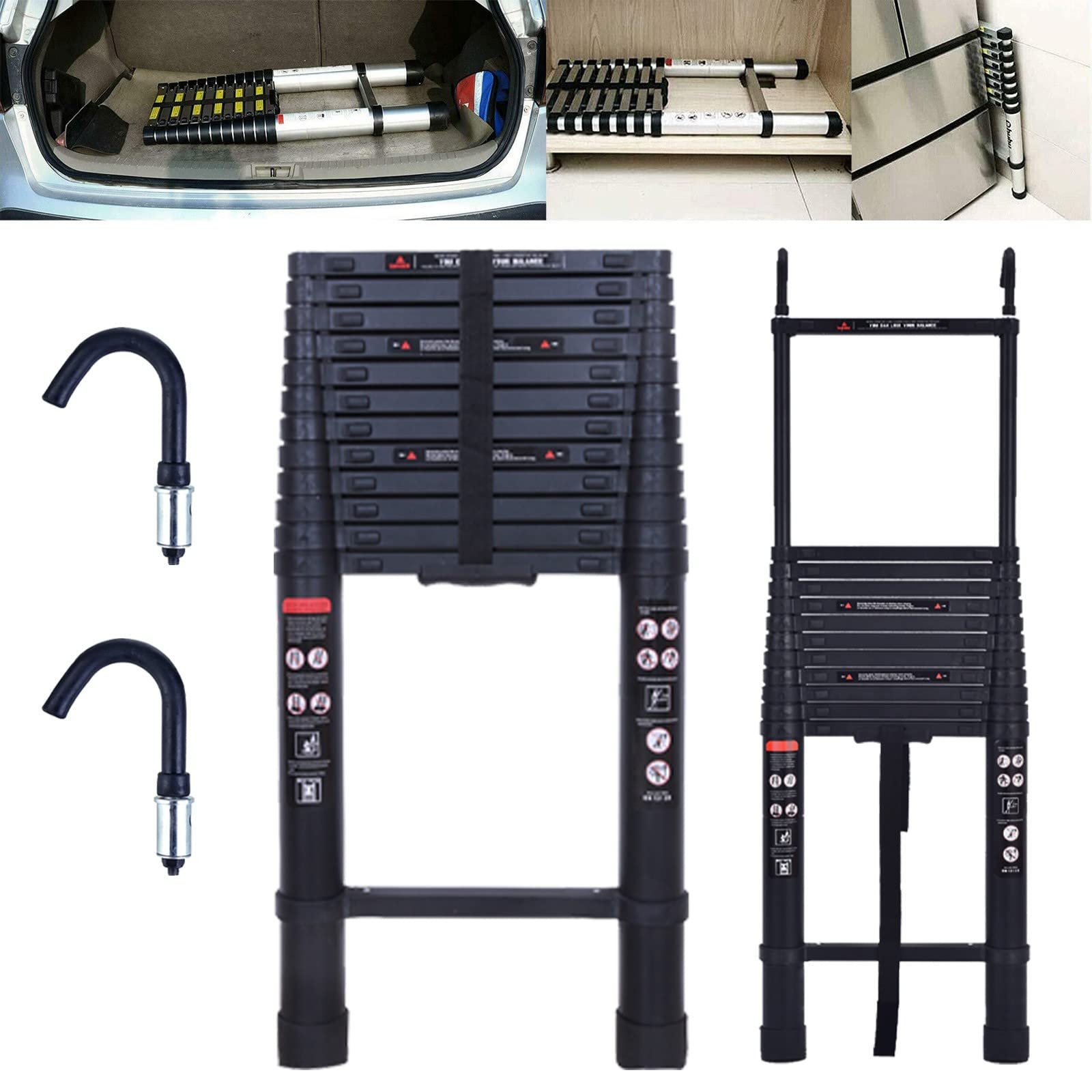 16.5FT Telescoping Ladder with Slow Release Safety Lock - 300LBS Capacity Anti-Slip Lightweight Aluminum Extension Ladder - Adjustable Height for Home, Roof, RV & Outdoor Use - Easy to Carry & Store - Black