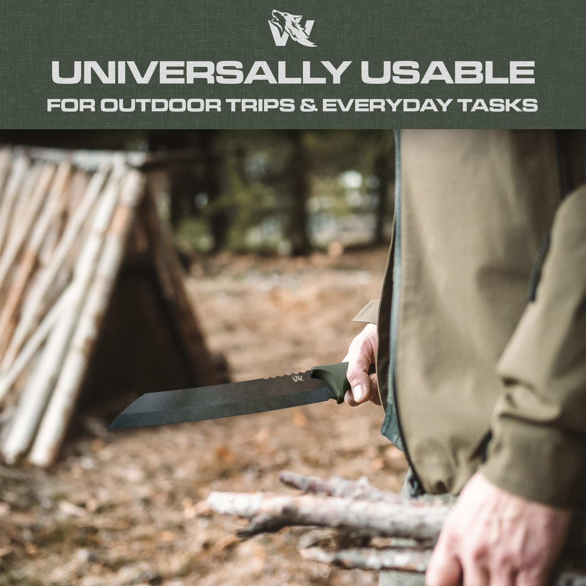 D2 Steel Survival Machete with Sheath - Full Tang Tactical Knife for Bushcraft, Yard Work & Tree Cutting | Heavy Duty Outdoor Camping, Hunting & Survival Tool