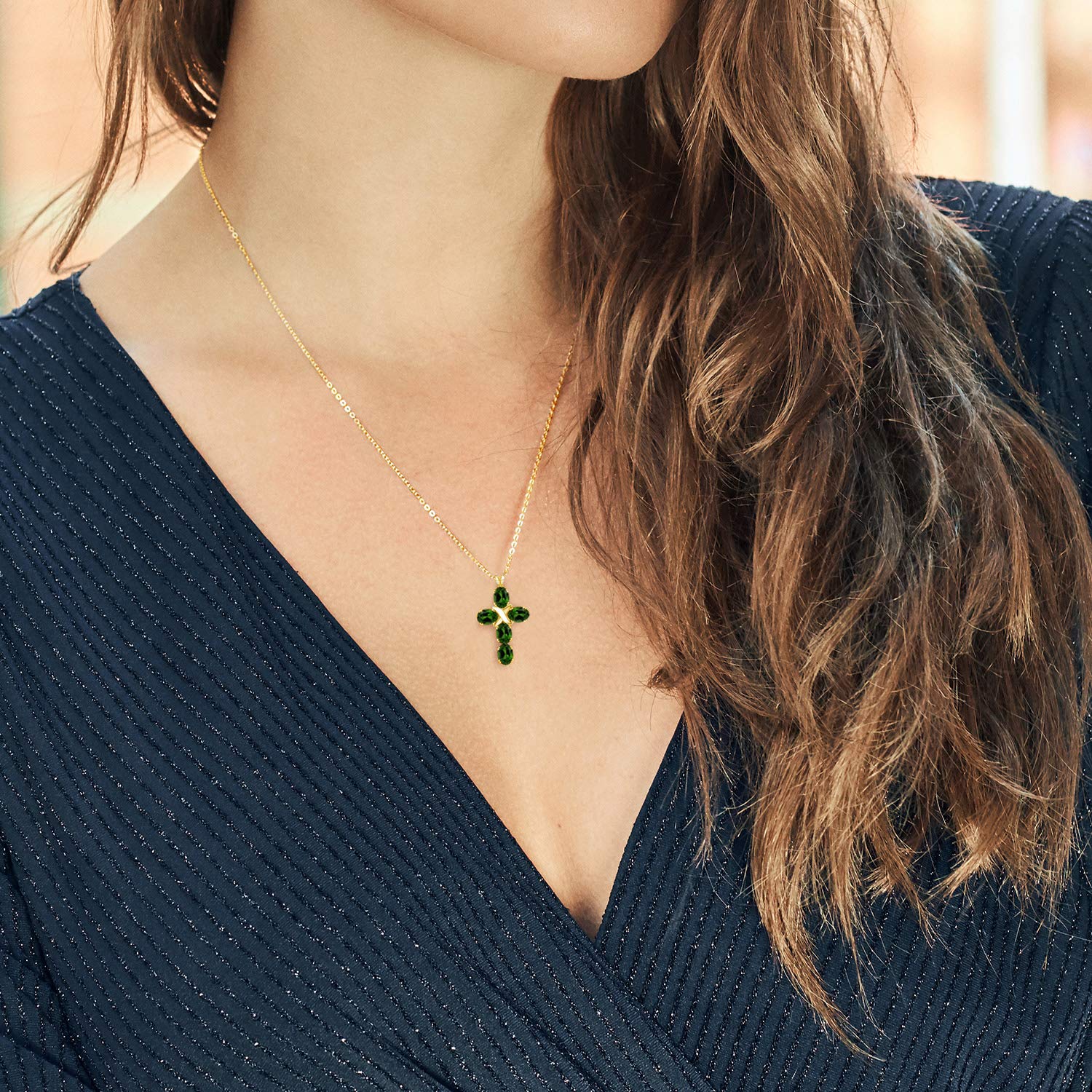 Gemstone Birthstone Cross Necklace for Women - 18K Gold Plated Silver, 6x4mm Oval Crucifix Pendant with 18