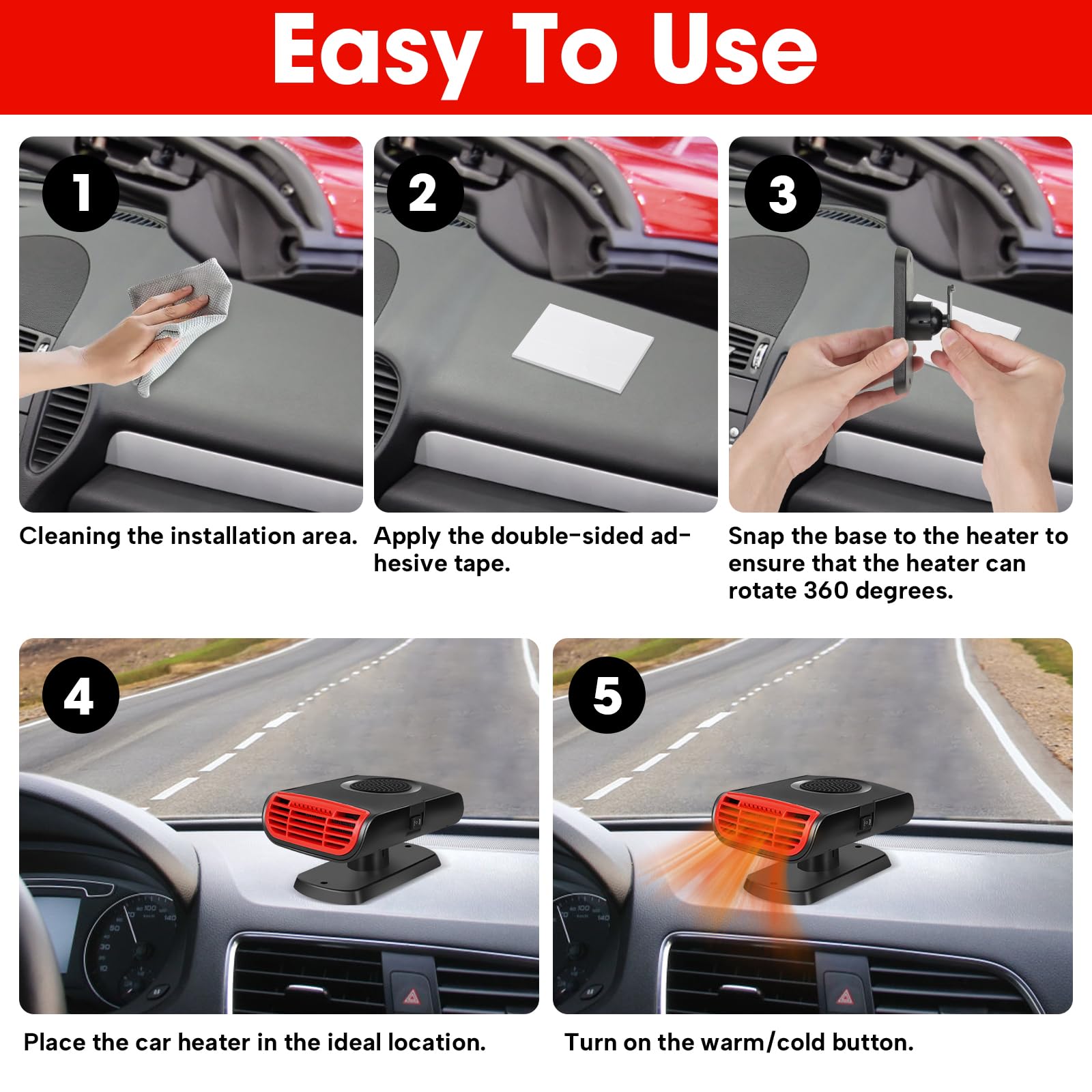 Upgraded 2-in-1 Portable Car Heater & Cooler Fan - 12V 150W Fast Heating/Cooling Auto Heater with Cigarette Lighter Plug - 360° Windshield Defogger for Winter & Summer Driving Comfort