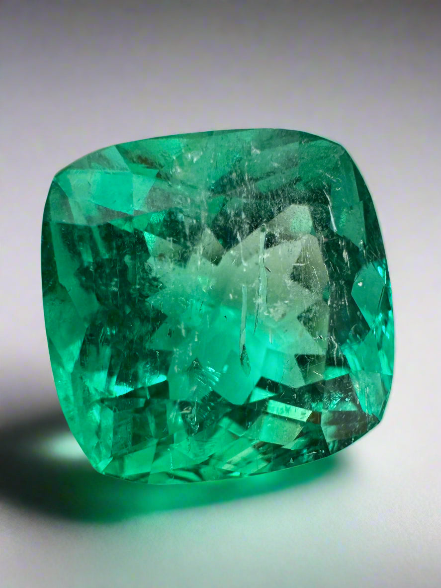 13.88 Carat 14x14mm Bluish Green Cushion Cut Loose Colombian Emerald - Ethically Mined Natural Gemstone for Jewelry Making, Engagement Rings & Luxury Gifts